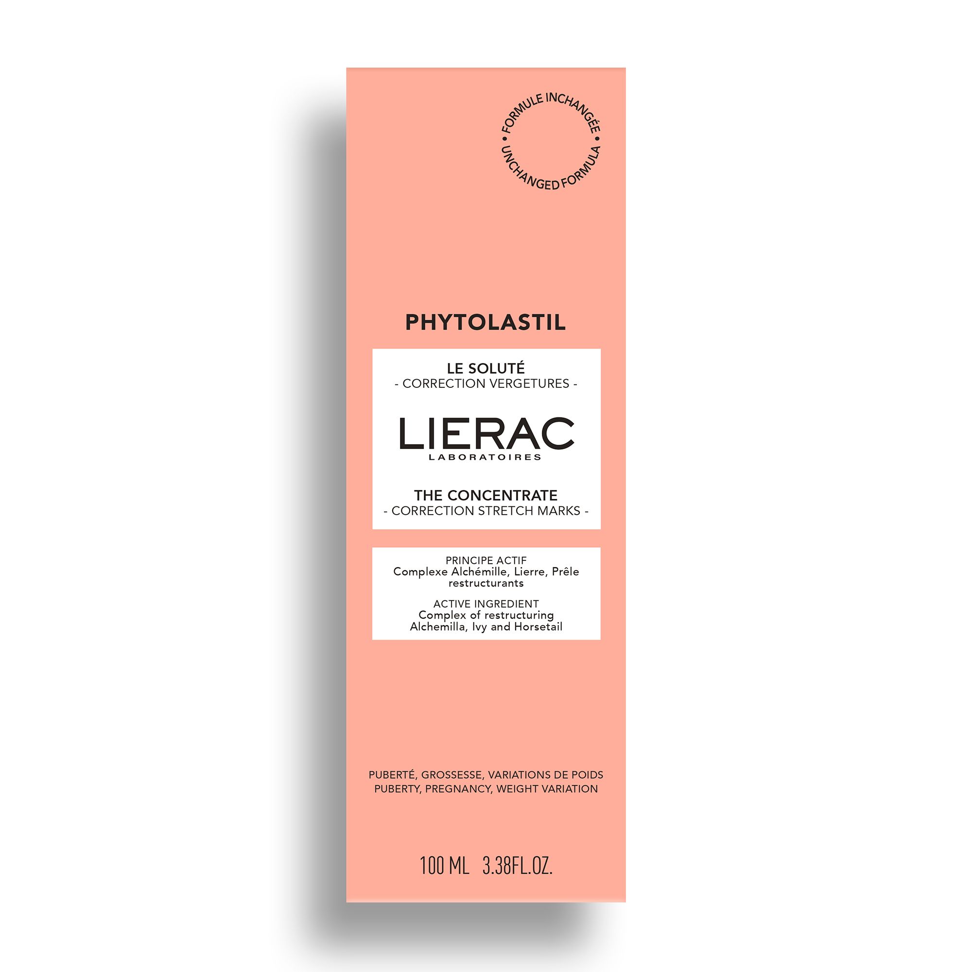 Roze verpakking met flesafbeelding. Opschrift: Lierac, Phytolastil, Le Soluté. 100 ml.