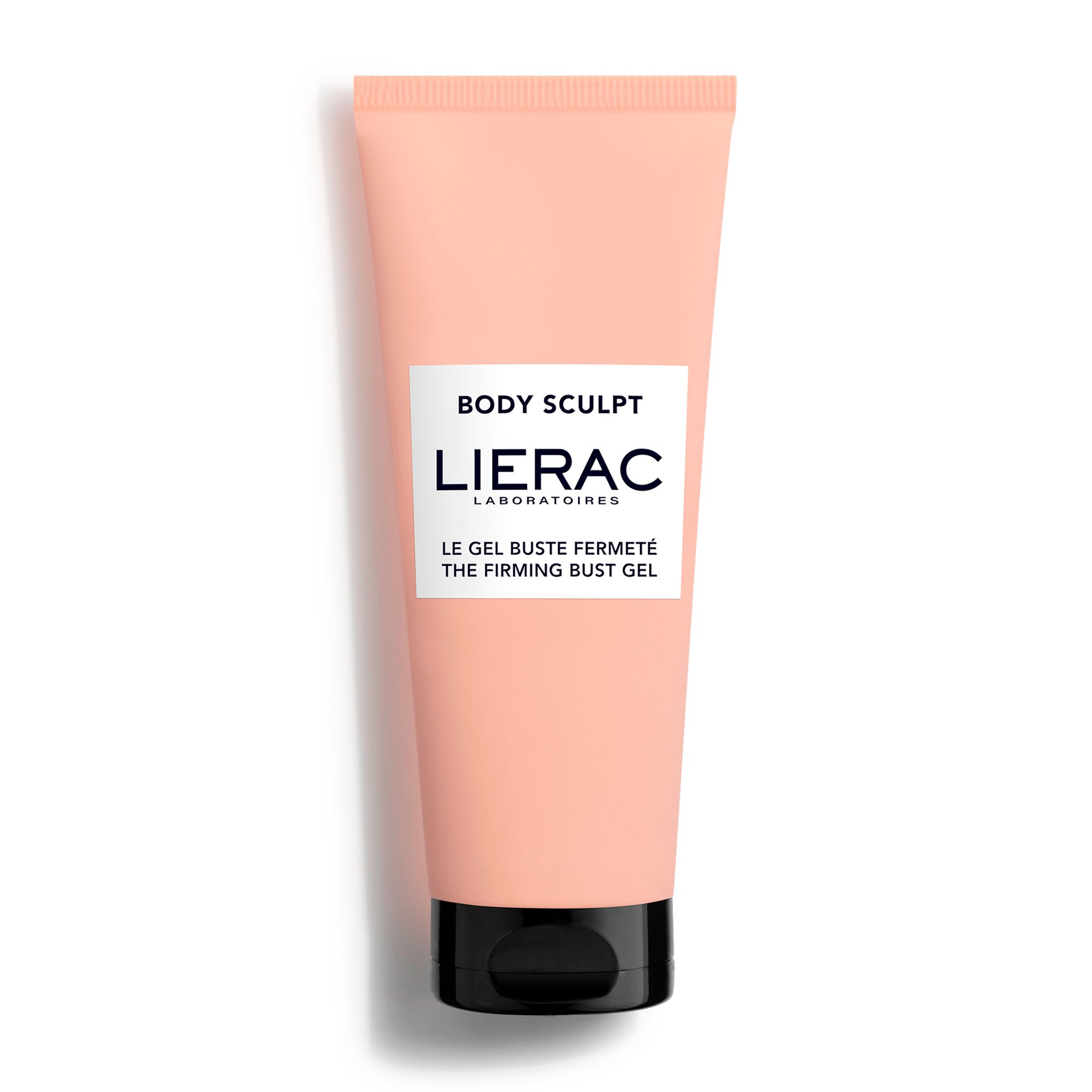 Tube rose avec bouchon noir. Inscription: BODY SCULPT, LIERAC, LE GEL BUSTE FERMETÉ, THE FIRMING BUST GEL.