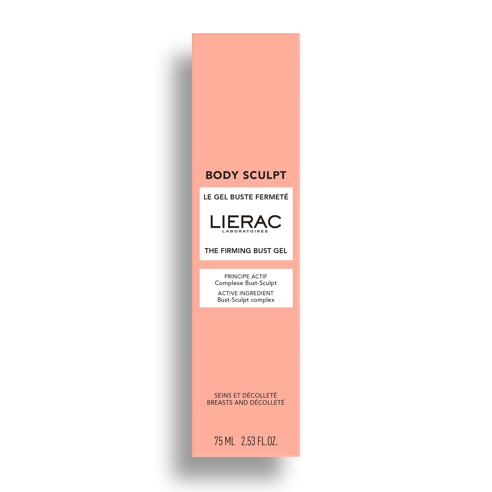 Roze doos. Opschrift: BODY SCULPT, LIERAC, THE FIRMING BUST GEL, 75 ml.