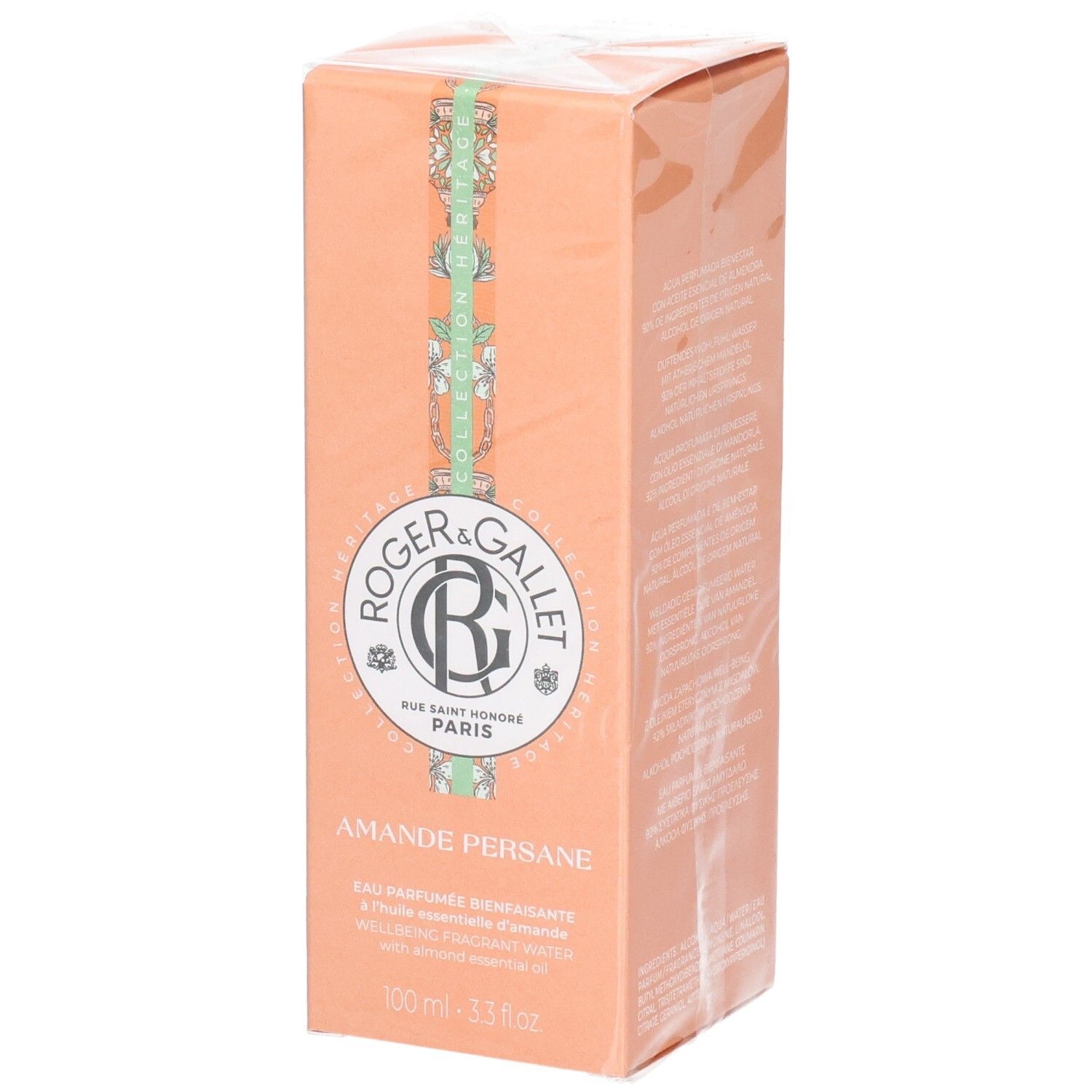 Emballage Roger & Gallet Amande Persane. Boîte pêche avec logo, nom du produit et éléments floraux.