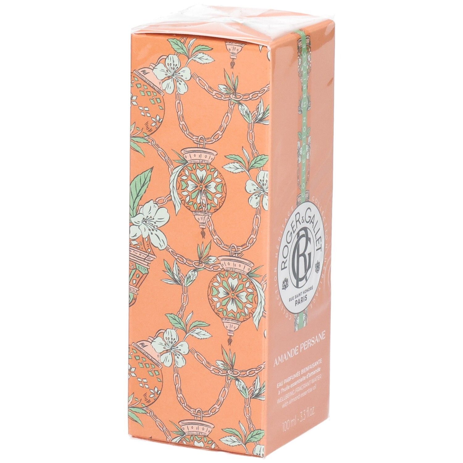 Emballage Roger & Gallet Amande Persane. Boîte pêche avec motif floral et logo.