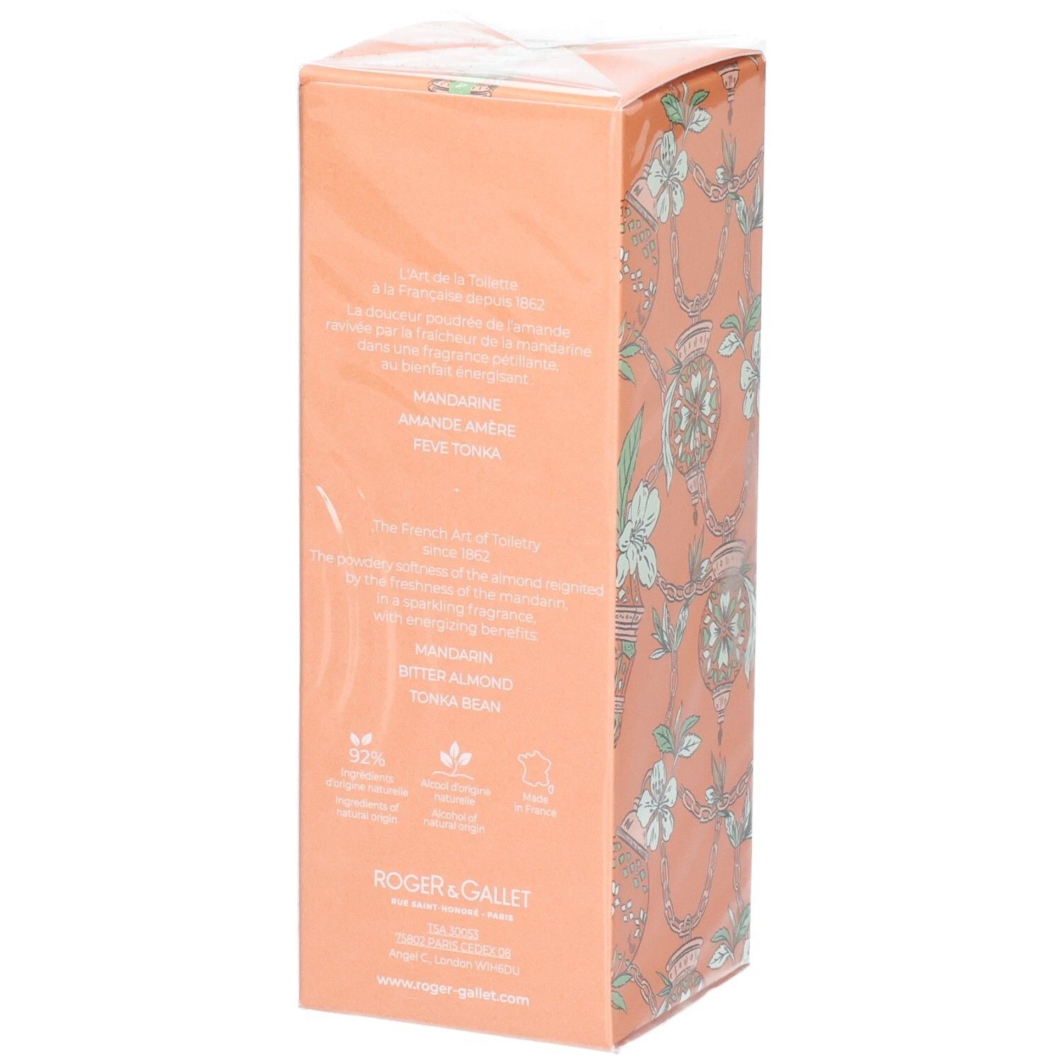 Dos de l'emballage Roger & Gallet Amande Persane. Texte multilingue, ingrédients et logos.