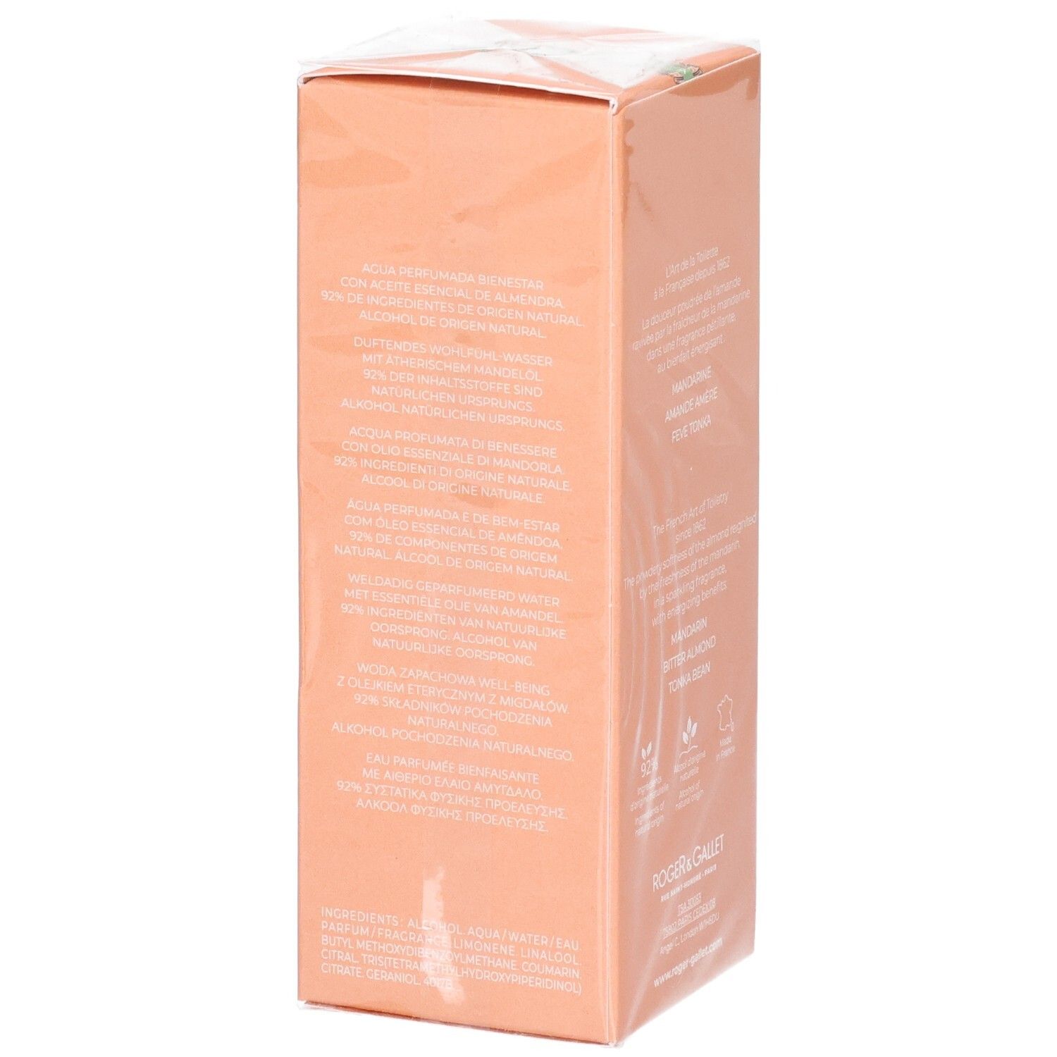 Côté de l'emballage Roger & Gallet Amande Persane. Texte multilingue, ingrédients et logos.