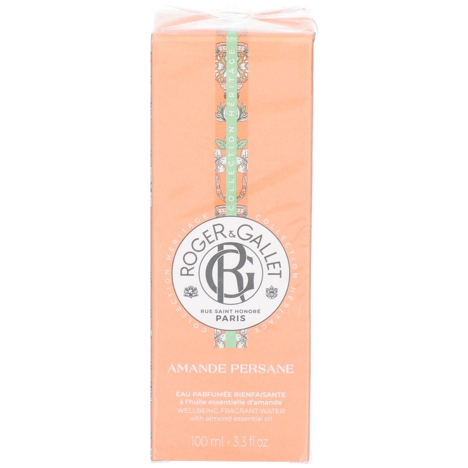 Face avant de l'emballage Roger & Gallet Amande Persane. Logo, nom du produit et description.