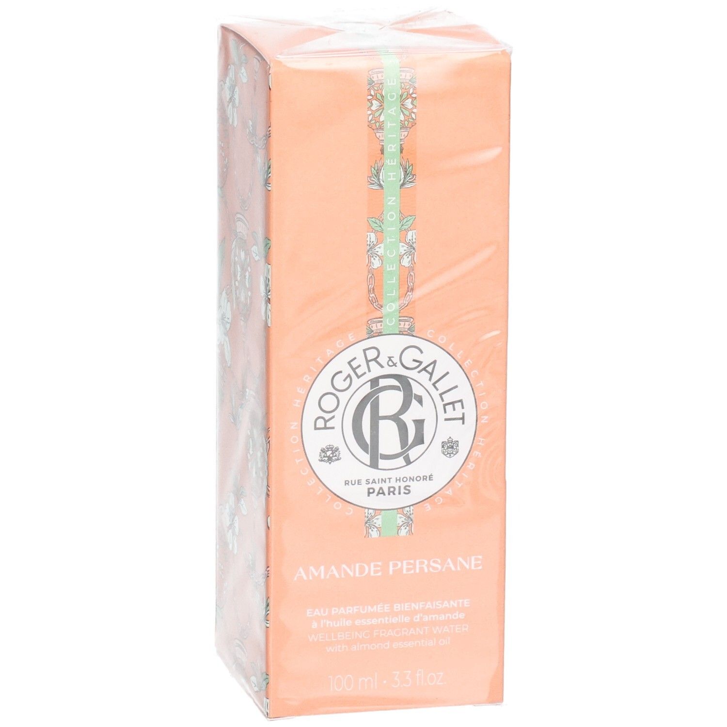 Emballage Roger & Gallet Amande Persane. Logo, nom du produit et description, emballé dans du film.