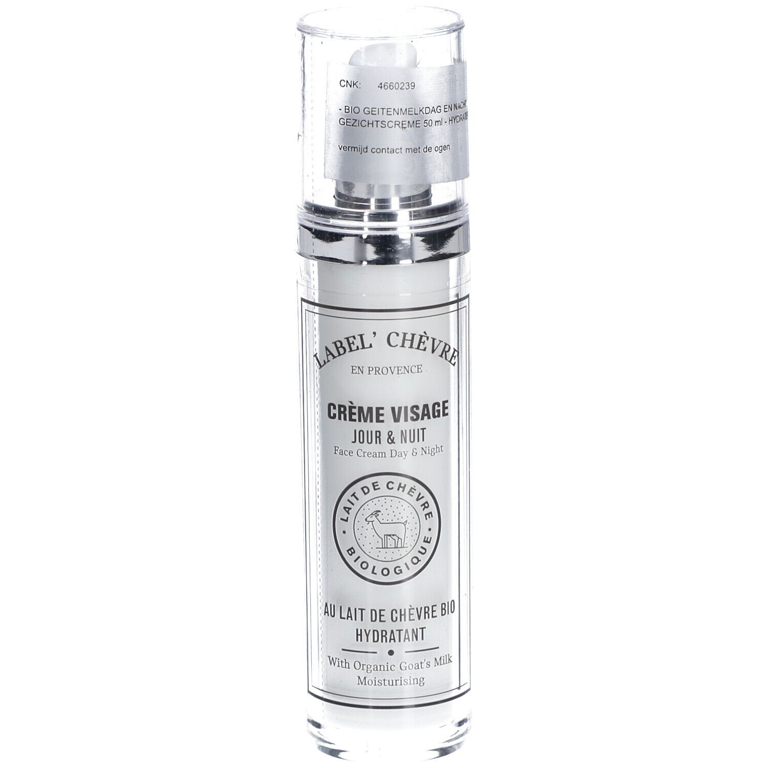 Crèmepompje met etiket. Tekst: Crème Visage Jour & Nuit, Lait de Chèvre Biologique. Met geitenmelk.