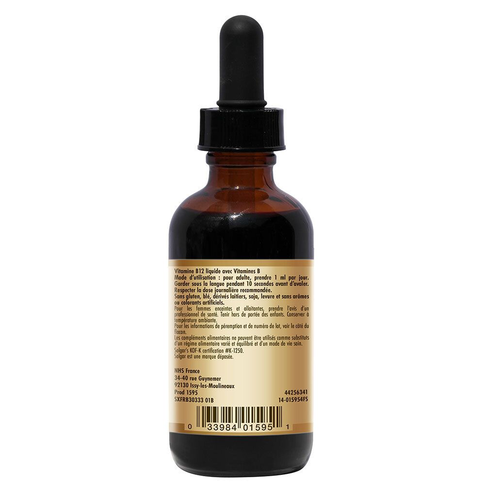 Achterkant van de bruine glazen fles. Etiket met productinfo, ingrediënten, gebruiksaanwijzing en fabrikantenadres.