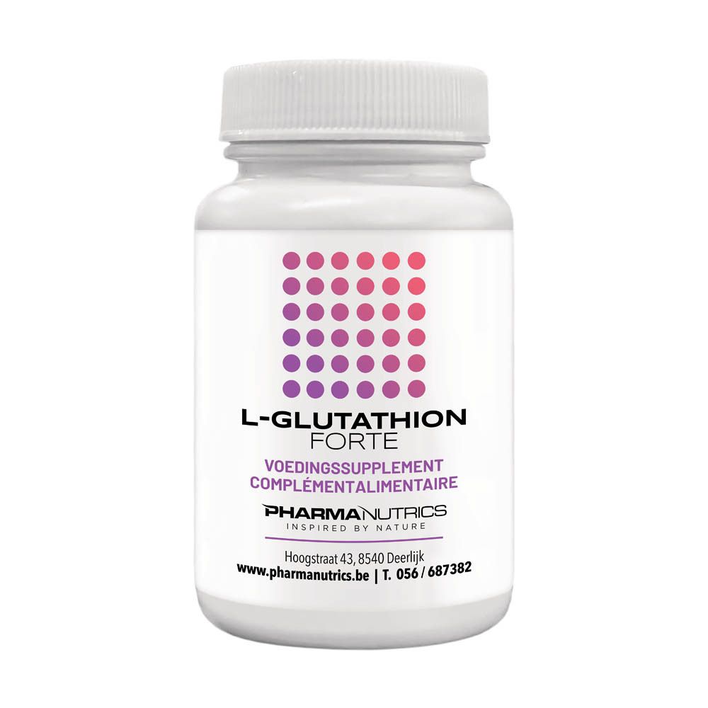 Witte fles L-Glutathion Forte, 30 capsules. Pharma Nutrics logo. Paarse en roze stippen. Schroefdop.