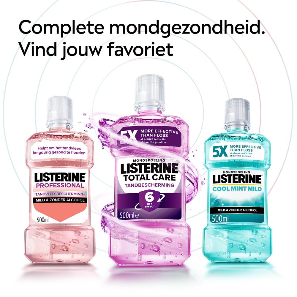 Drie mondspoelflessen. Tekst: Complete mondgezondheid. Vind jouw favoriet.