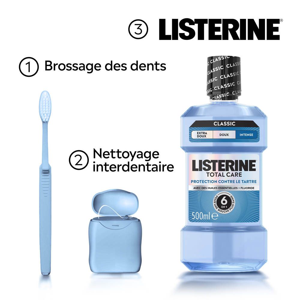 Listerine Total Care Classic, goût intense, bouteille bleue.