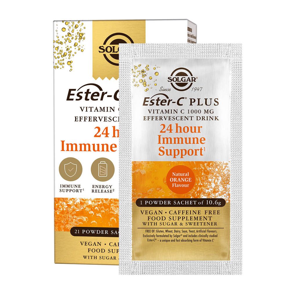 Emballage Solgar Ester-C PLUS Vitamine C 1000 mg et un sachet. Inscription : Soutien immunitaire 24 heures. 1 sachet.