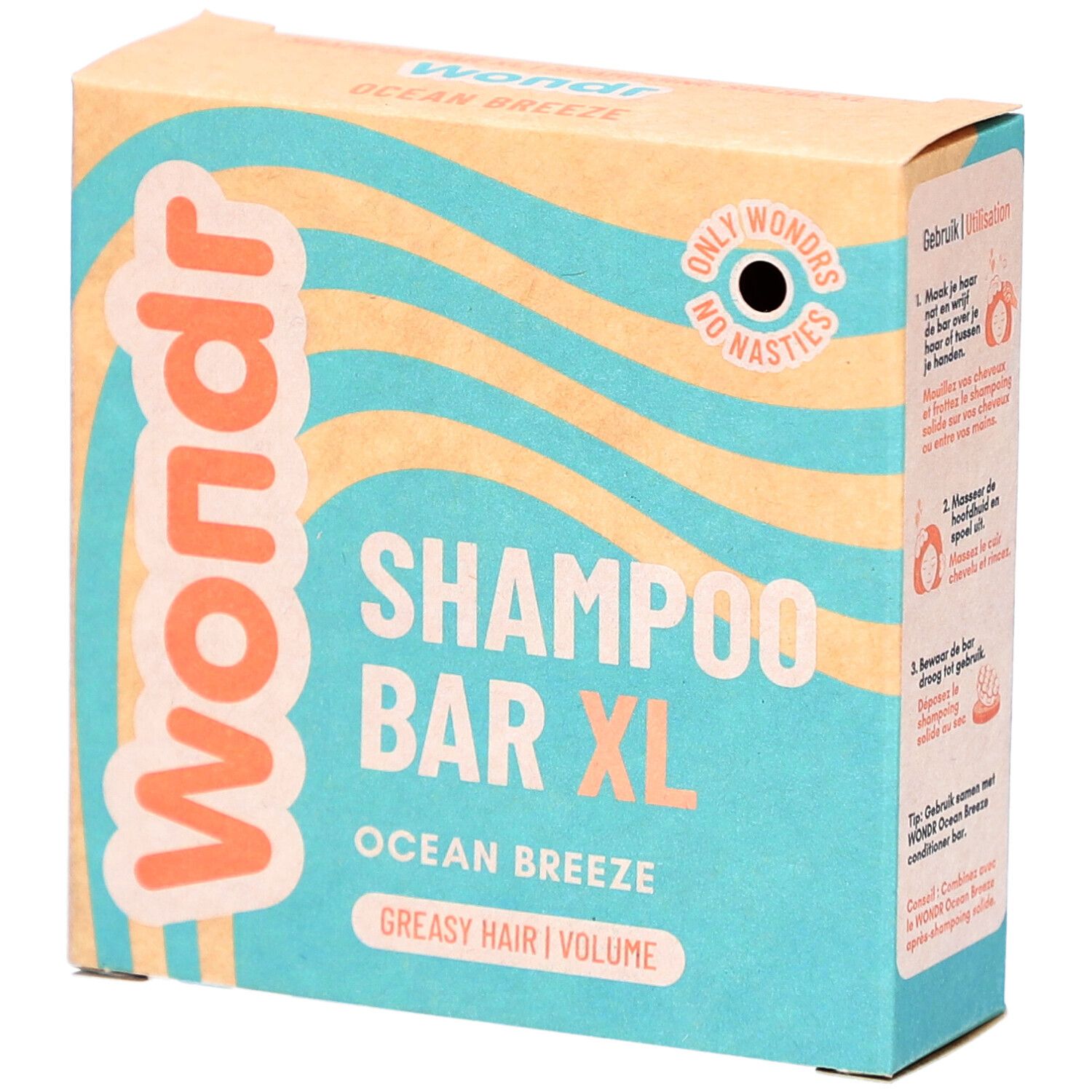 Kartonnen verpakking. Opschrift: Wondr, Shampoo Bar XL, Ocean Breeze, vet haar. Golfpatroon.