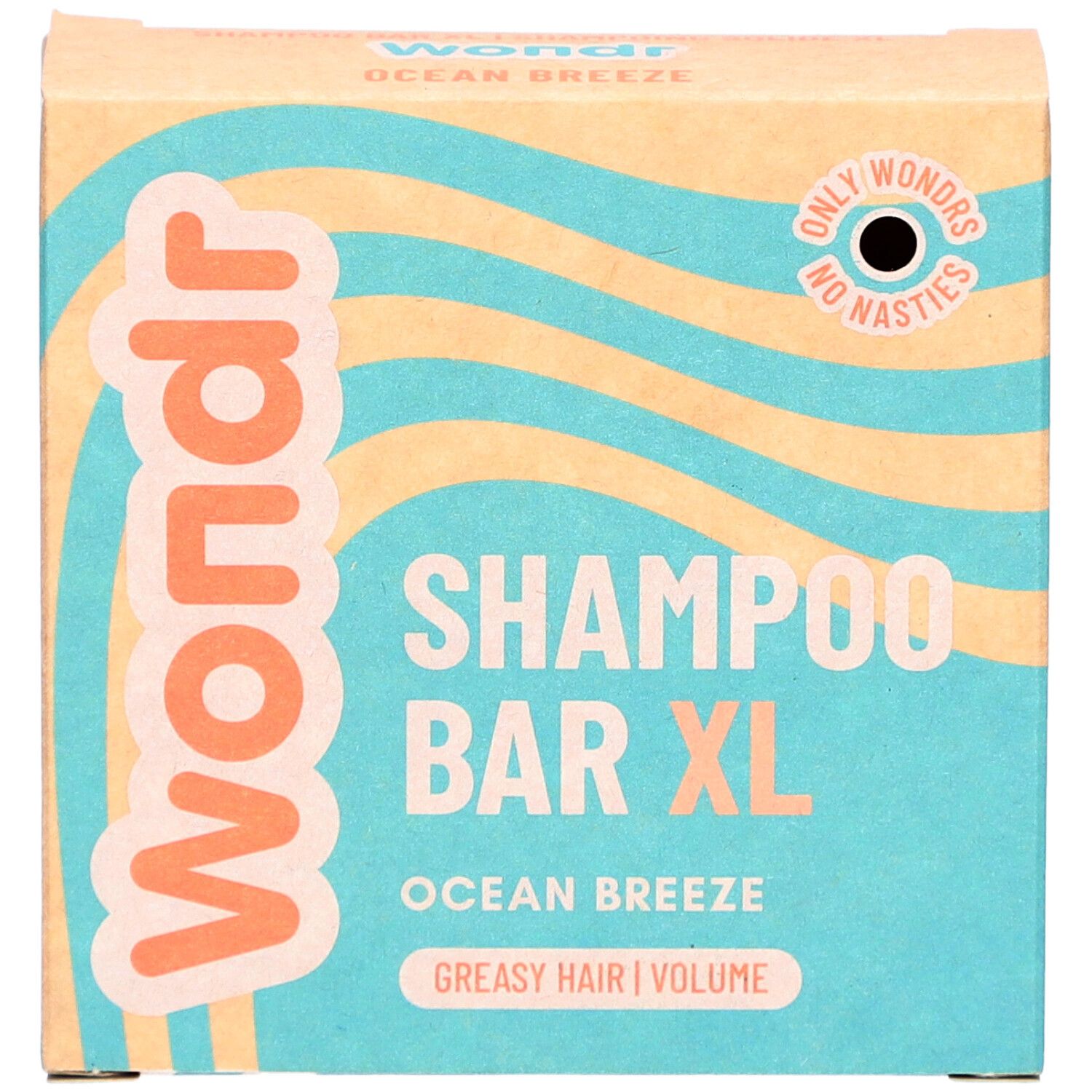 Kartonnen verpakking. Opschrift: Wondr, Shampoo Bar XL, Ocean Breeze, vet haar. Golfpatroon.