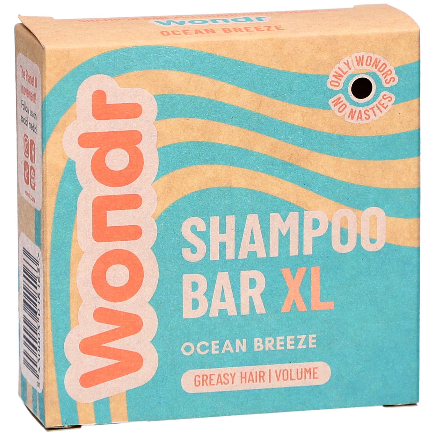 Kartonnen verpakking. Opschrift: Wondr, Shampoo Bar XL, Ocean Breeze, vet haar. Golfpatroon.