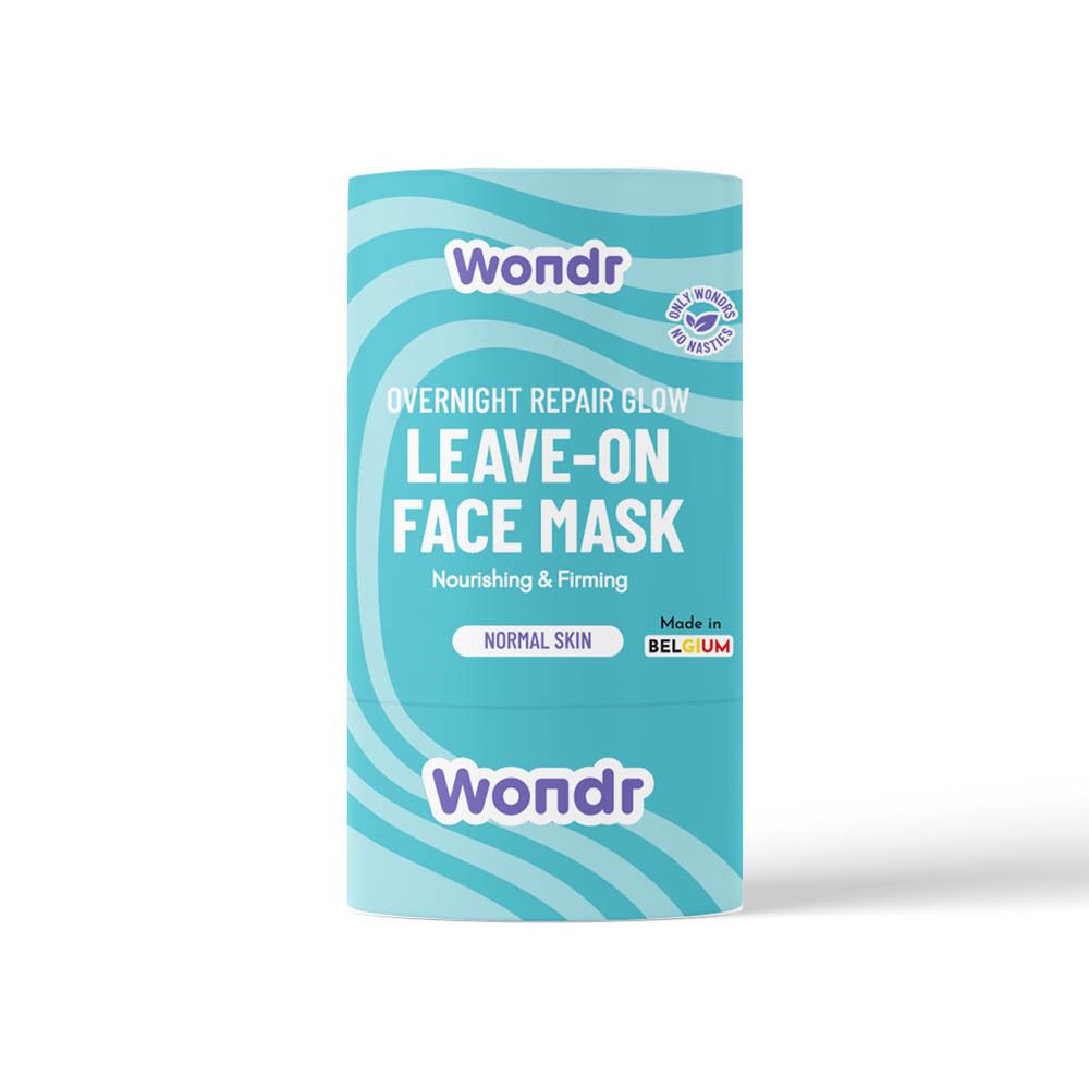 Cilindrische verpakking. Opschrift: Wondr, Overnight Repair Glow, Leave-on Face Mask, Normal Skin. Turkooisblauw design.