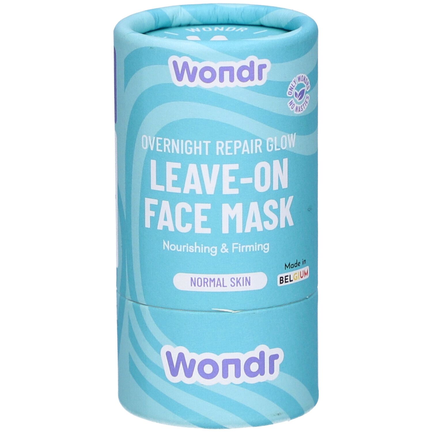 Cilindrische verpakking. Opschrift: Wondr, Overnight Repair Glow, Leave-on Face Mask, Normal Skin. Turkooisblauw design.