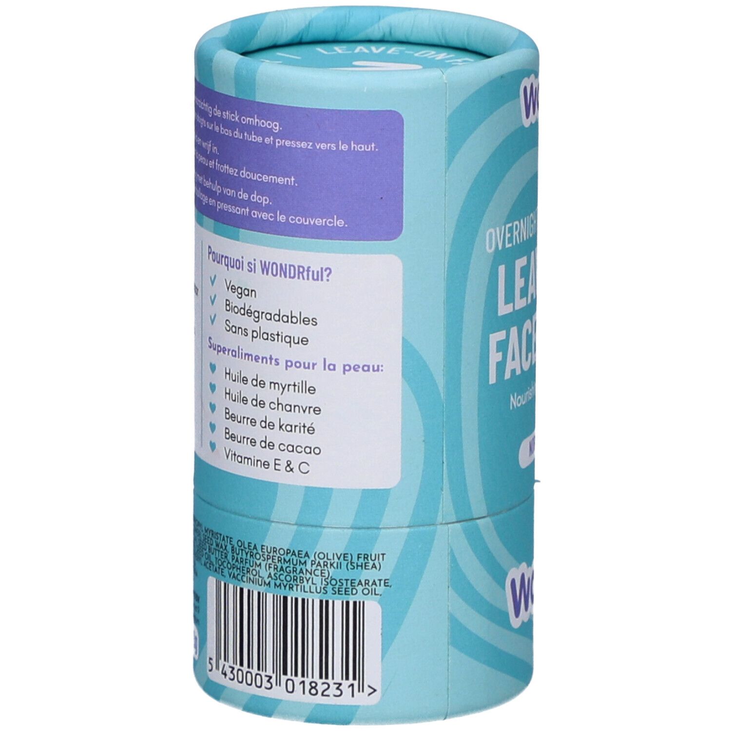 Achterkant cilindrische verpakking. Tekst: Waarom zo WONDERFUL? Vegan, biologisch afbreekbaar, plasticvrij. Ingrediënten.