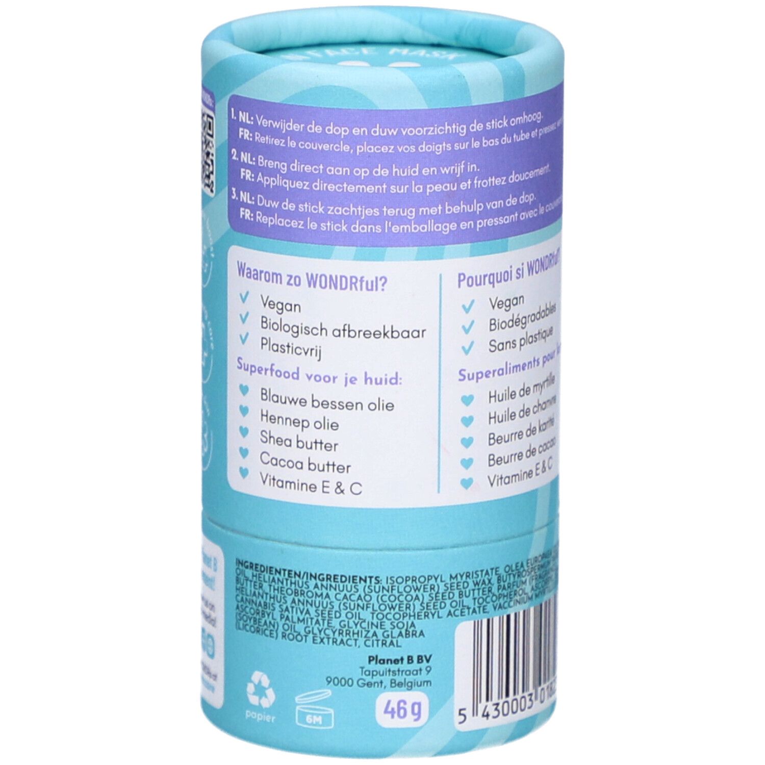 Achterkant cilindrische verpakking. Tekst: Waarom zo WONDERFUL? Vegan, biologisch afbreekbaar, plasticvrij. Ingrediënten.