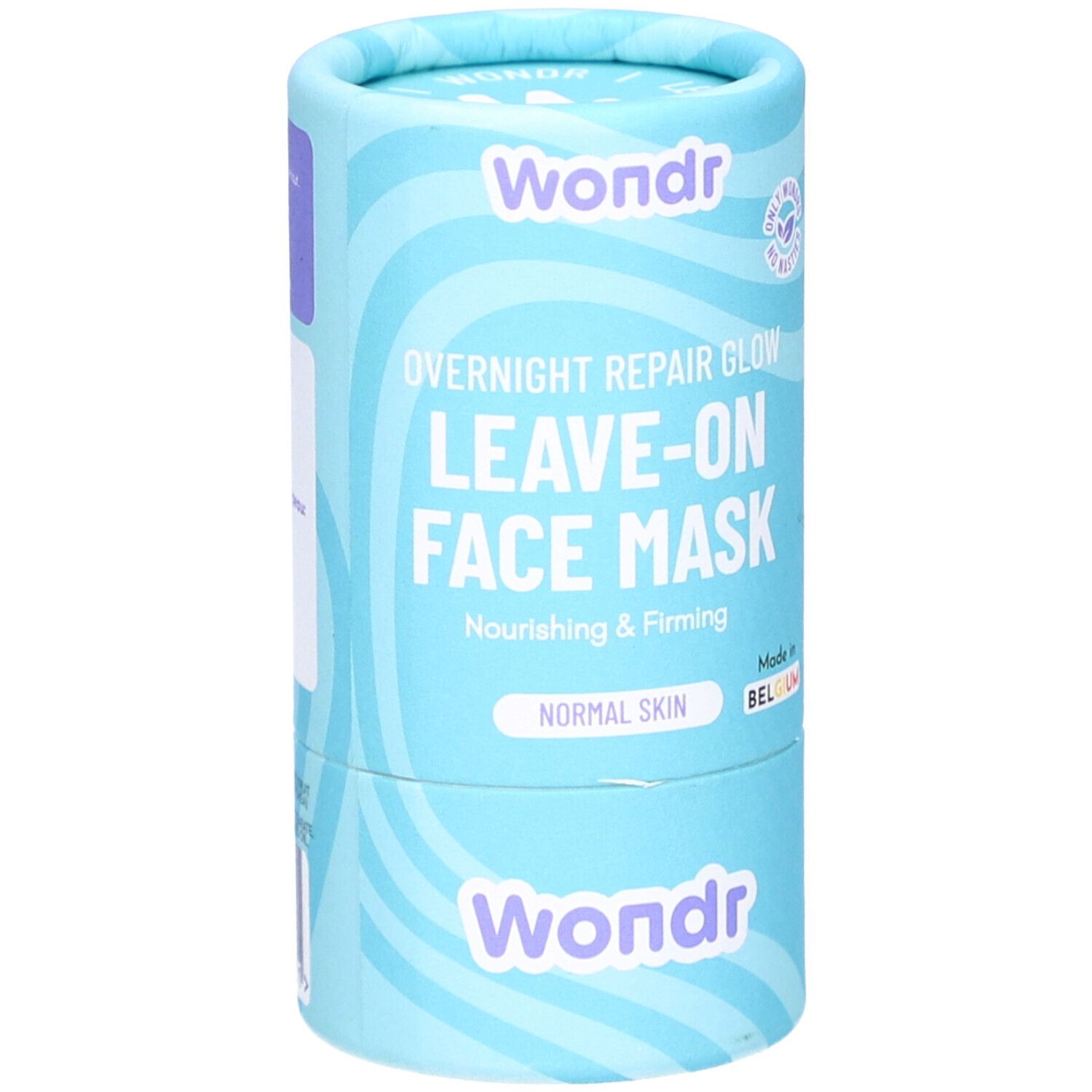 Cilindrische verpakking. Opschrift: Wondr, Overnight Repair Glow, Leave-on Face Mask, Normal Skin. Turkooisblauw design.