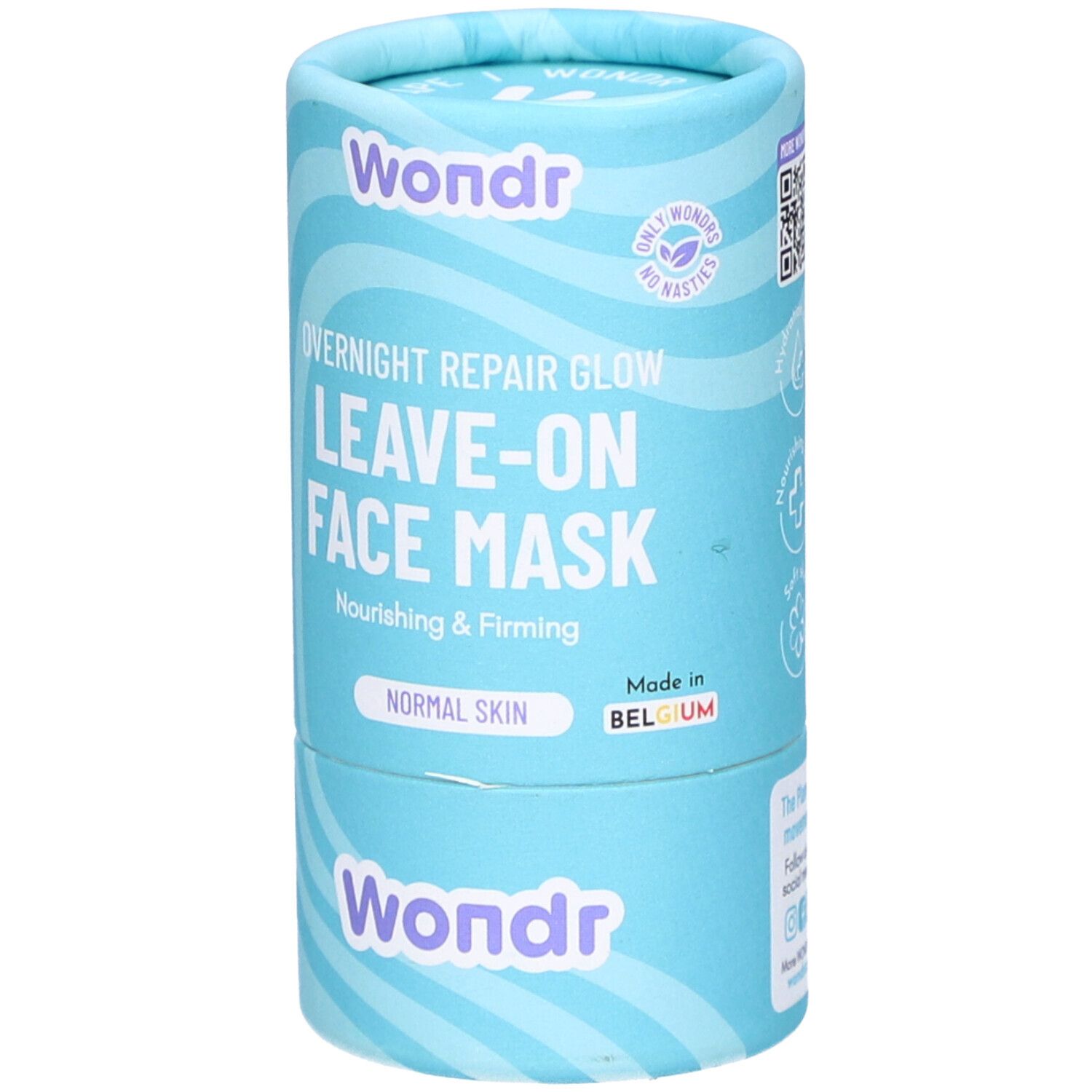 Cilindrische verpakking. Opschrift: Wondr, Overnight Repair Glow, Leave-on Face Mask, Normal Skin. Turkooisblauw design.