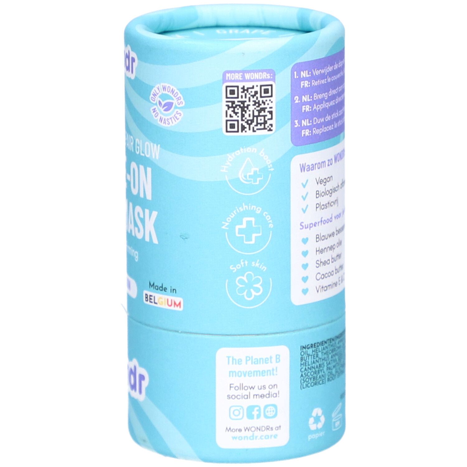 Achterkant cilindrische verpakking. Tekst: Wondr, Overnight Repair Glow, Leave-on Face Mask. QR-code, iconen, ingrediënten.