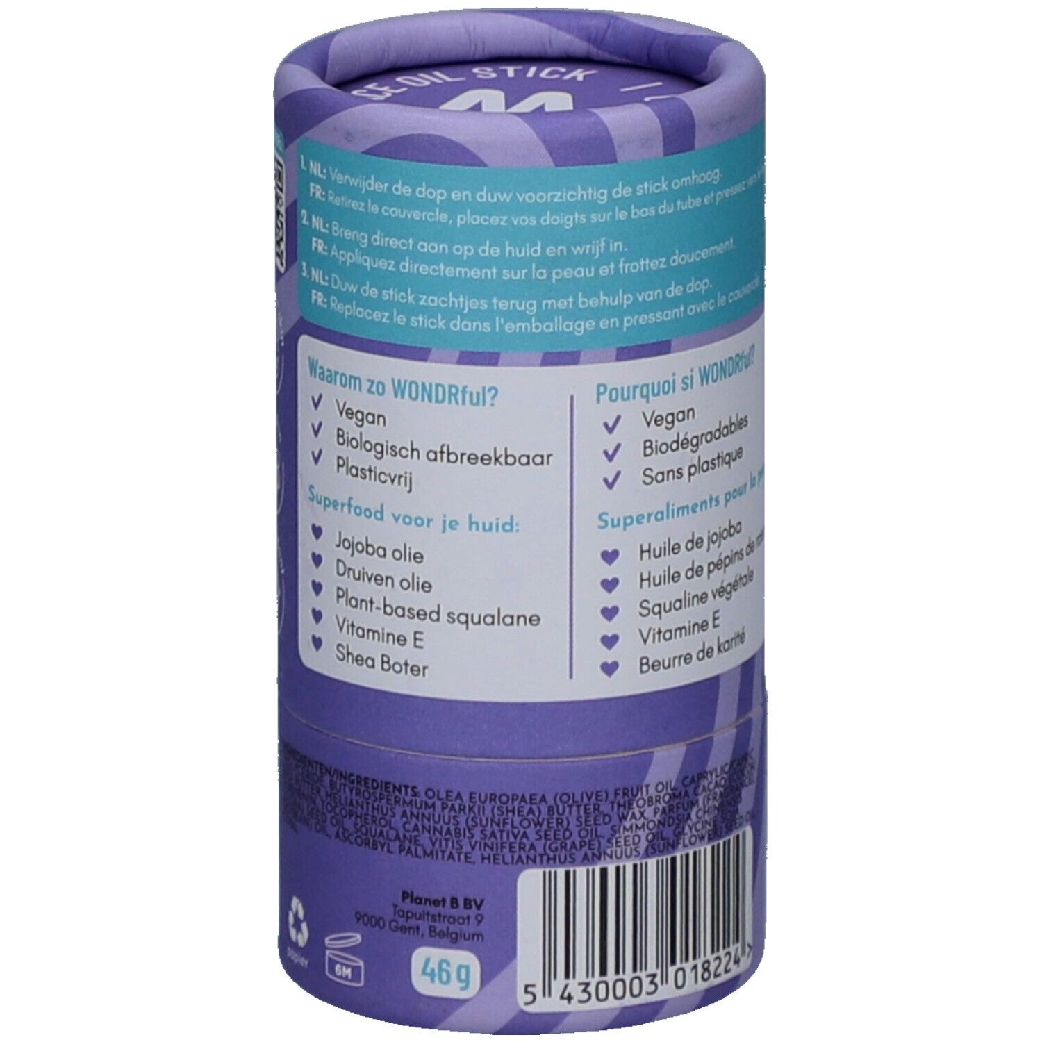 Emballage cylindrique. Inscription : ingrédients, instructions d'utilisation. Marque : Wondr. Code-barres. Couleur : violet. Fabriqué en Belgique.