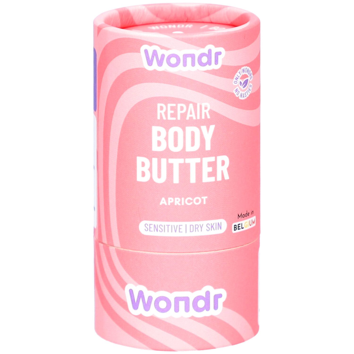 Roze cilindrische verpakking met golfpatroon. Opschrift: Wondr, Repair Body Butter, Abrikoos. Voor gevoelige/droge huid.