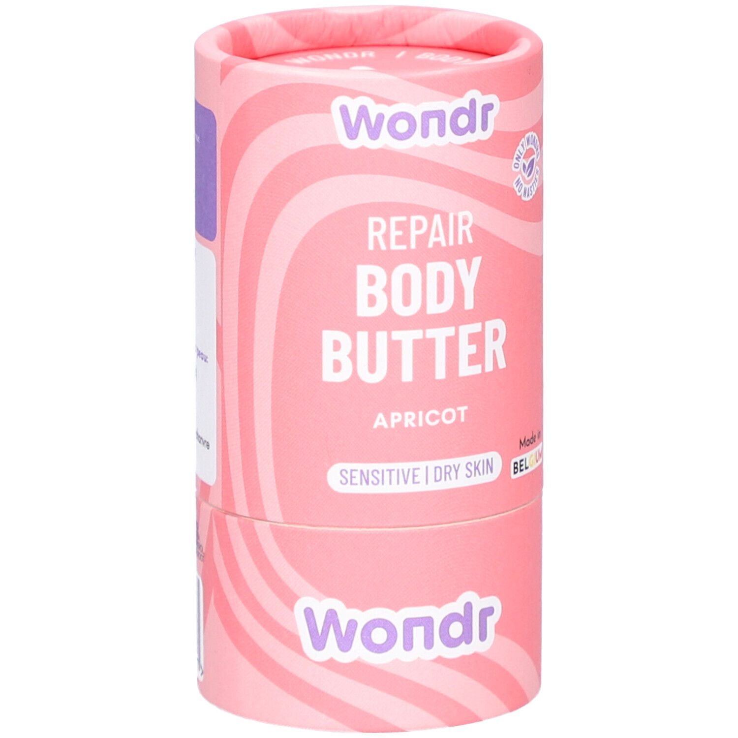 Roze cilindrische verpakking met golfpatroon. Opschrift: Wondr, Repair Body Butter, Abrikoos. Voor gevoelige/droge huid.