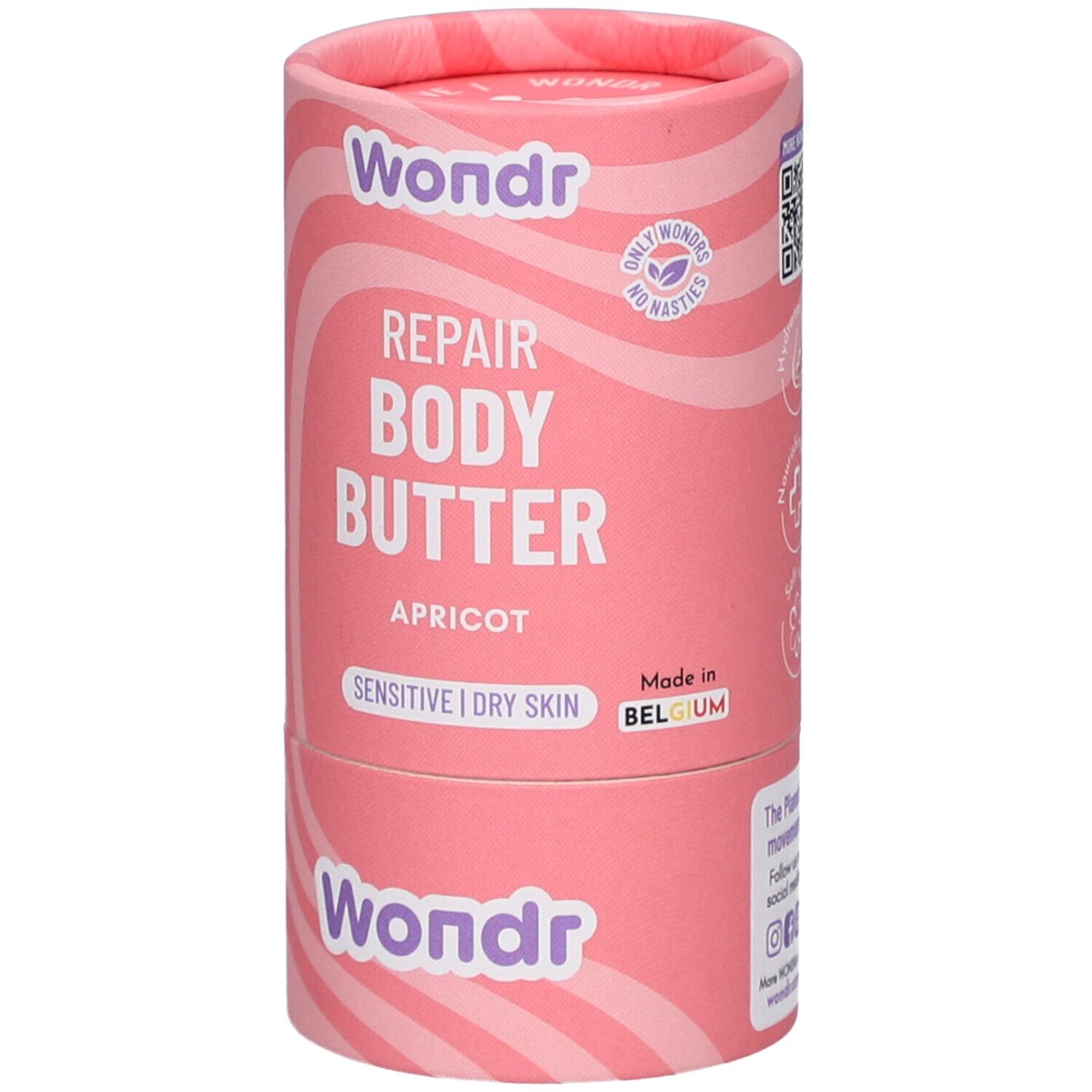 Roze cilindrische verpakking met golfpatroon. Opschrift: Wondr, Repair Body Butter, Abrikoos. Gemaakt in België.