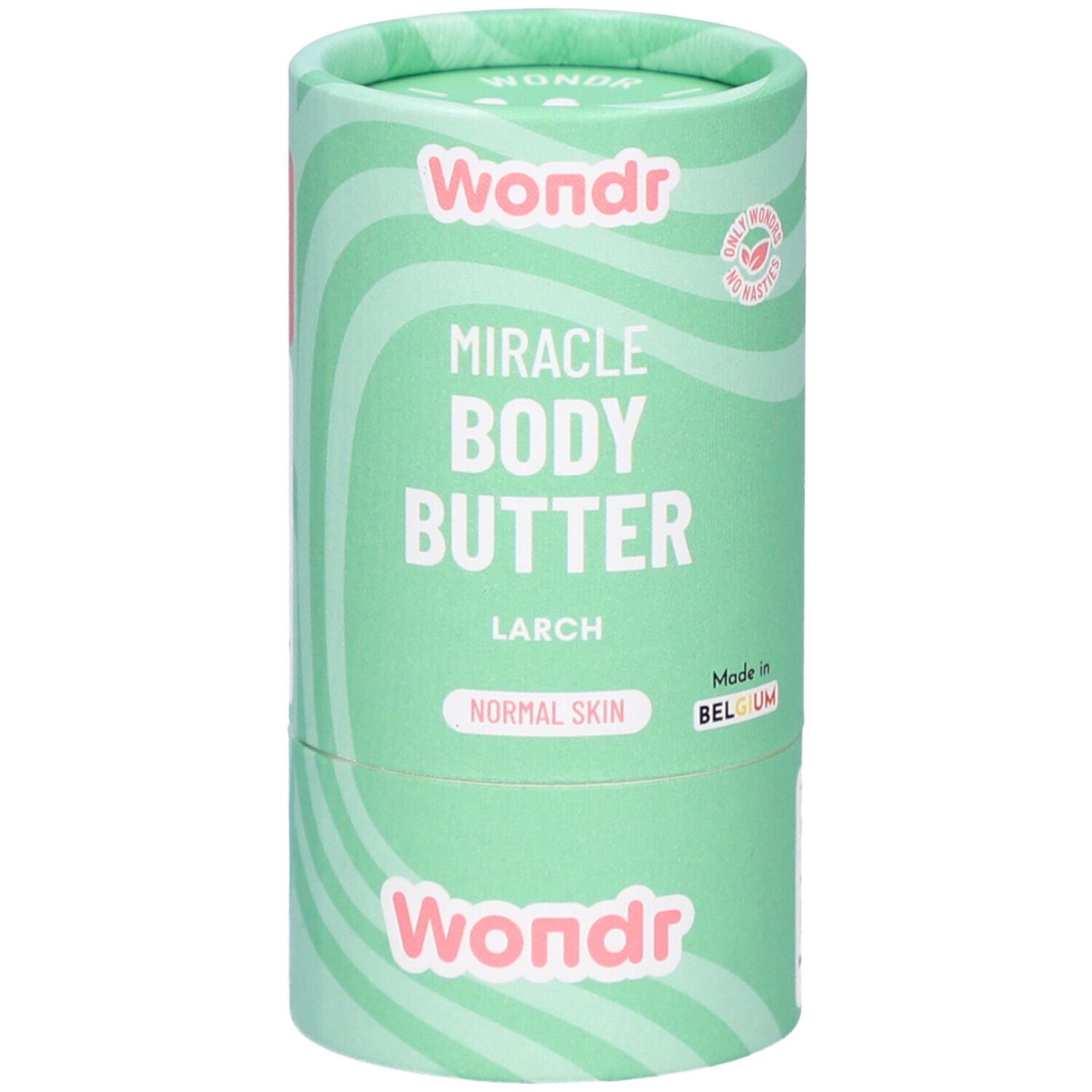 Cilindrische groene verpakking. Tekst: Wondr, Miracle Body Butter, Larch, Normal Skin. Gemaakt in België. Golfpatroon.