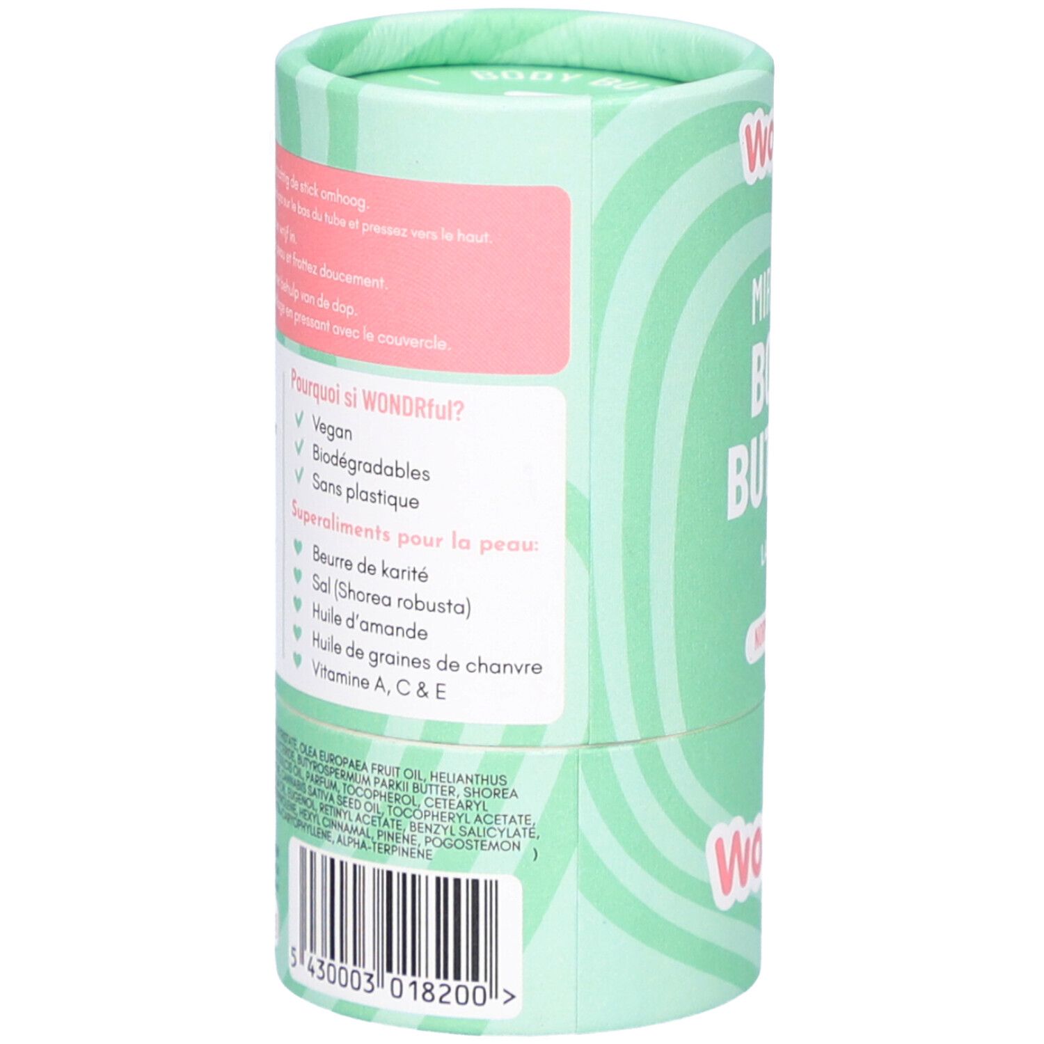 Achterkant cilindrische verpakking. Tekst: Waarom zo Wondr? Ingrediënten. Vegan, biologisch afbreekbaar, plasticvrij.