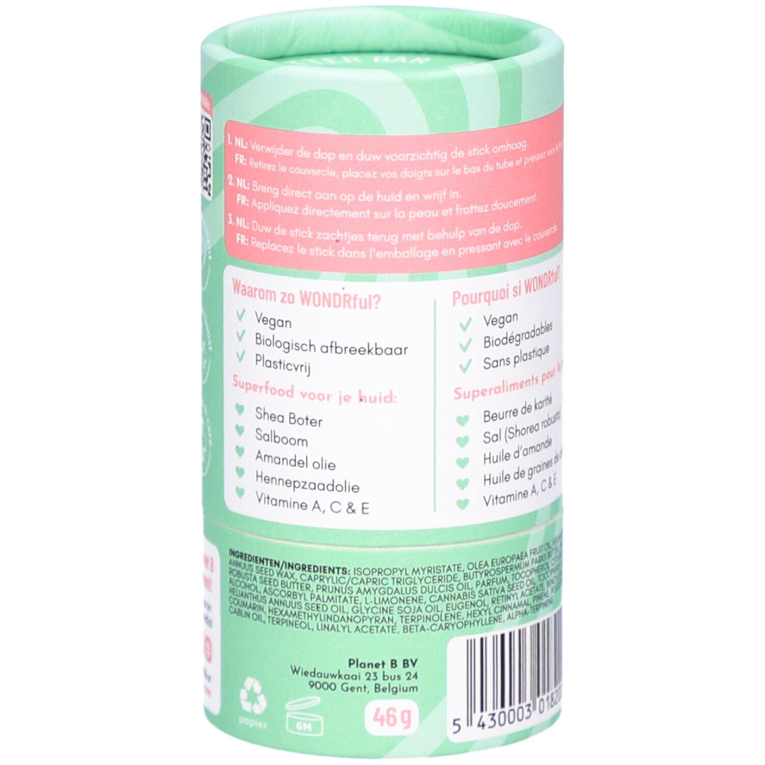 Achterkant cilindrische verpakking. Gebruiksaanwijzing in meerdere talen. Ingrediënten, adres, gewicht 46g.
