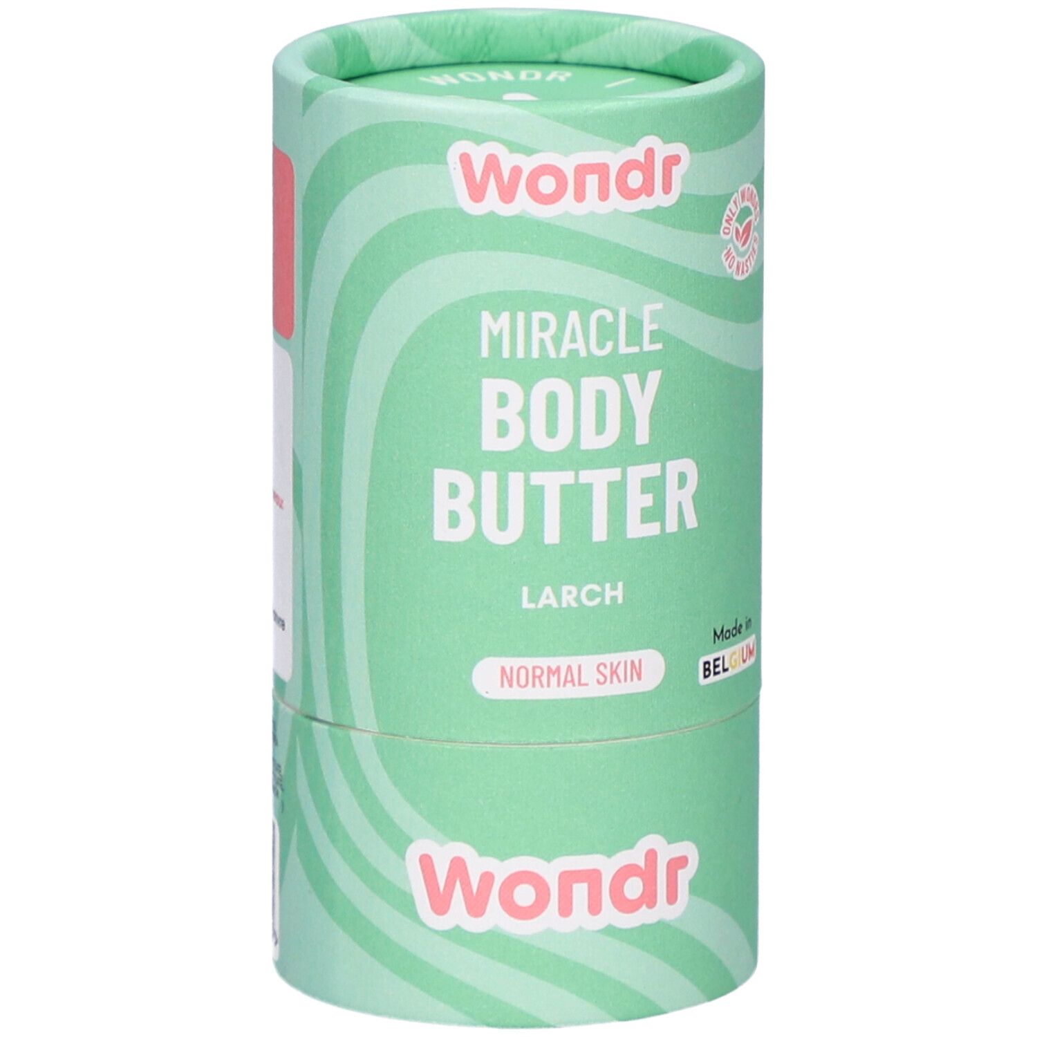 Cilindrische groene verpakking. Tekst: Wondr, Miracle Body Butter, Larch, Normal Skin. Gemaakt in België. Golfpatroon.