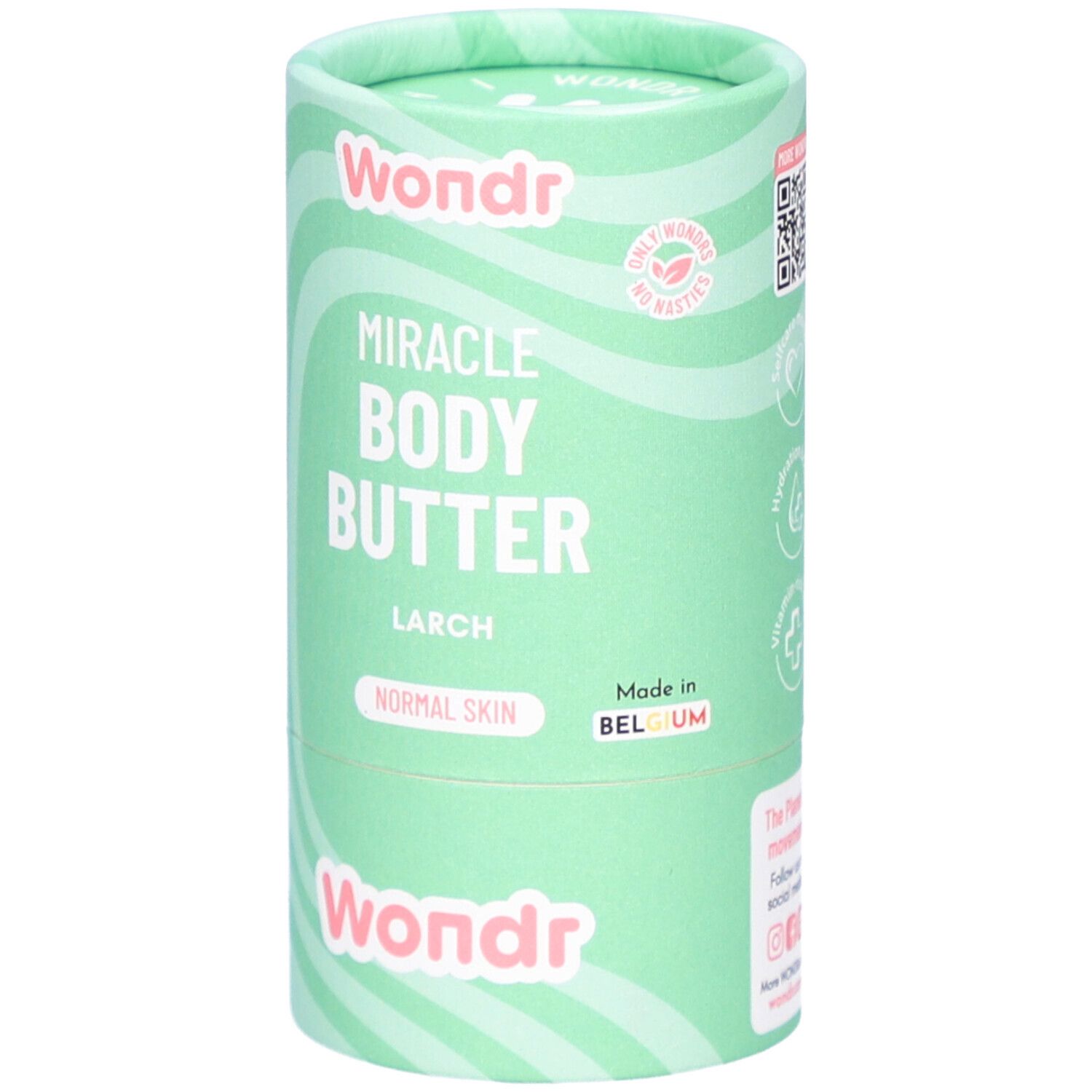 Cilindrische groene verpakking. Tekst: Wondr, Miracle Body Butter, Larch, Normal Skin. Gemaakt in België. QR-code.