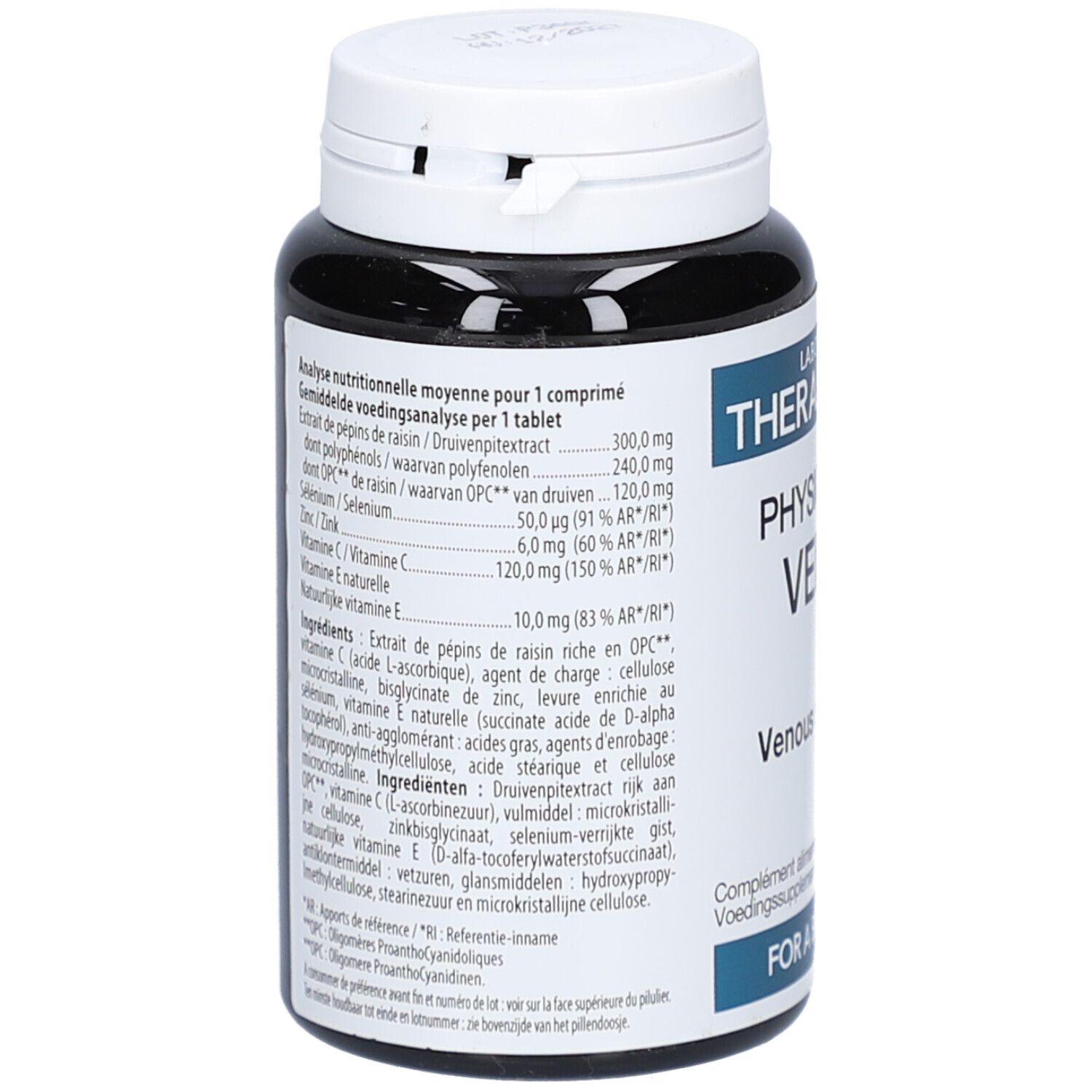 Dos du flacon noir. Contient des informations sur les ingrédients et les valeurs nutritionnelles. Fond blanc avec texte.