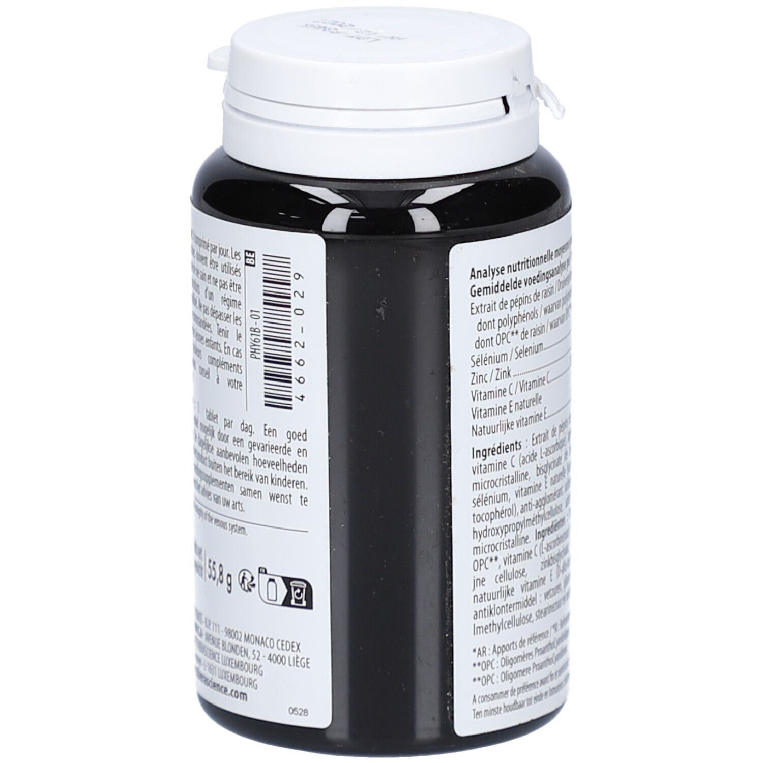 Flacon noir, bouchon blanc. Étiquette avec informations sur les ingrédients et les valeurs nutritionnelles. Petit autocollant blanc.