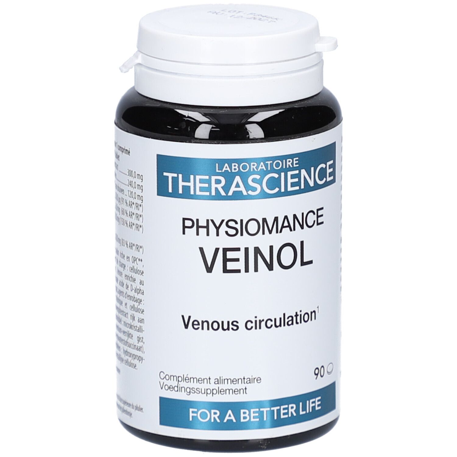 Flacon noir, bouchon blanc. Inscription: PHYSIOMANCE VEINOL, circulation veineuse. 90 comprimés. Pour une vie meilleure.