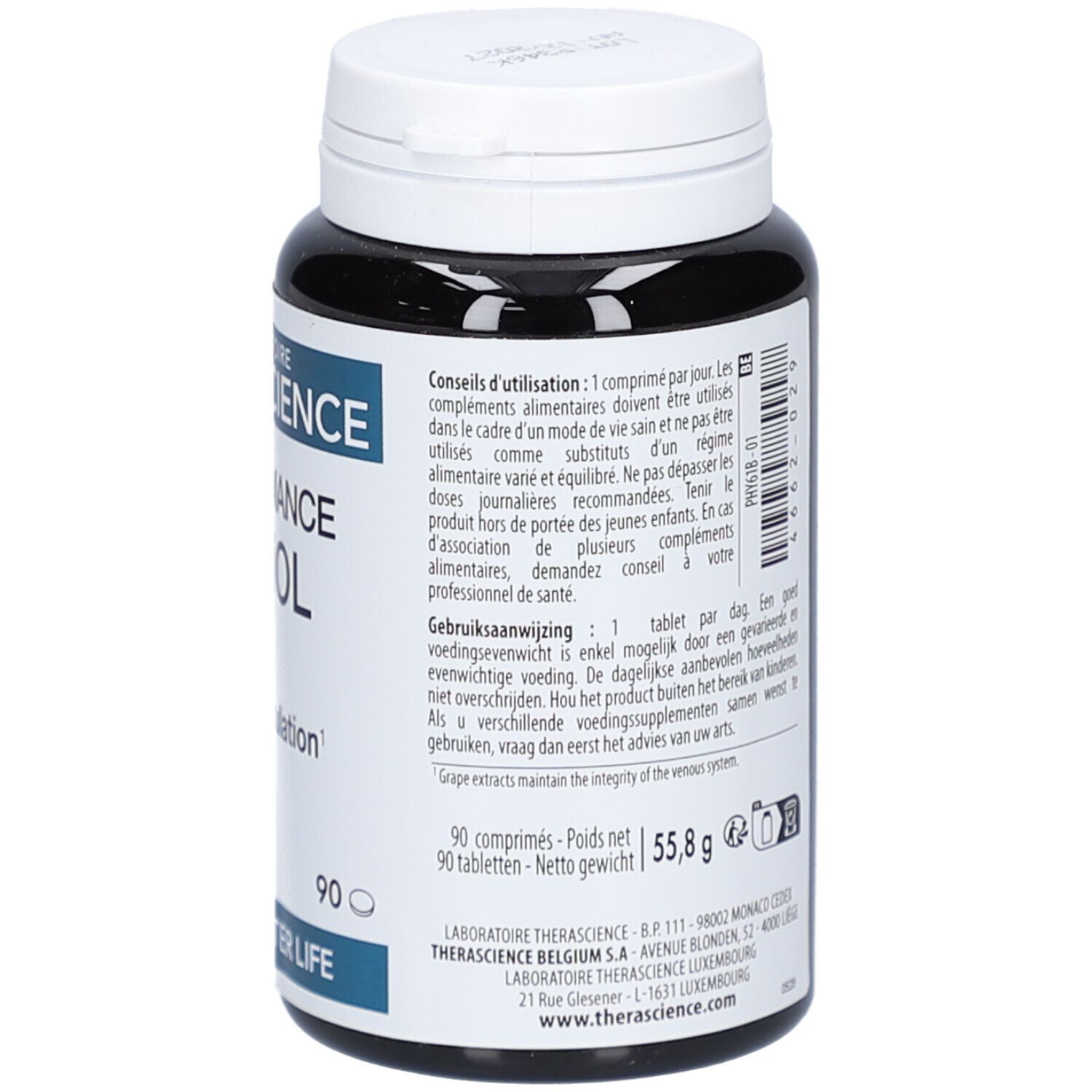 Dos du flacon noir. Contient des informations sur les conseils d'utilisation et les ingrédients. Fond blanc avec texte.