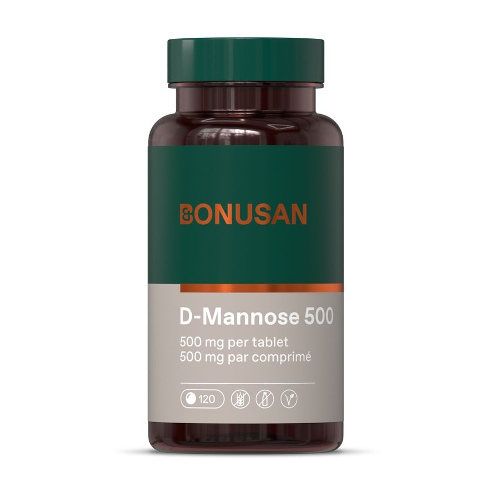 Flacon brun avec bouchon blanc. Étiquette D-Mannose 500 mg et logo BONUSAN. 120 comprimés.