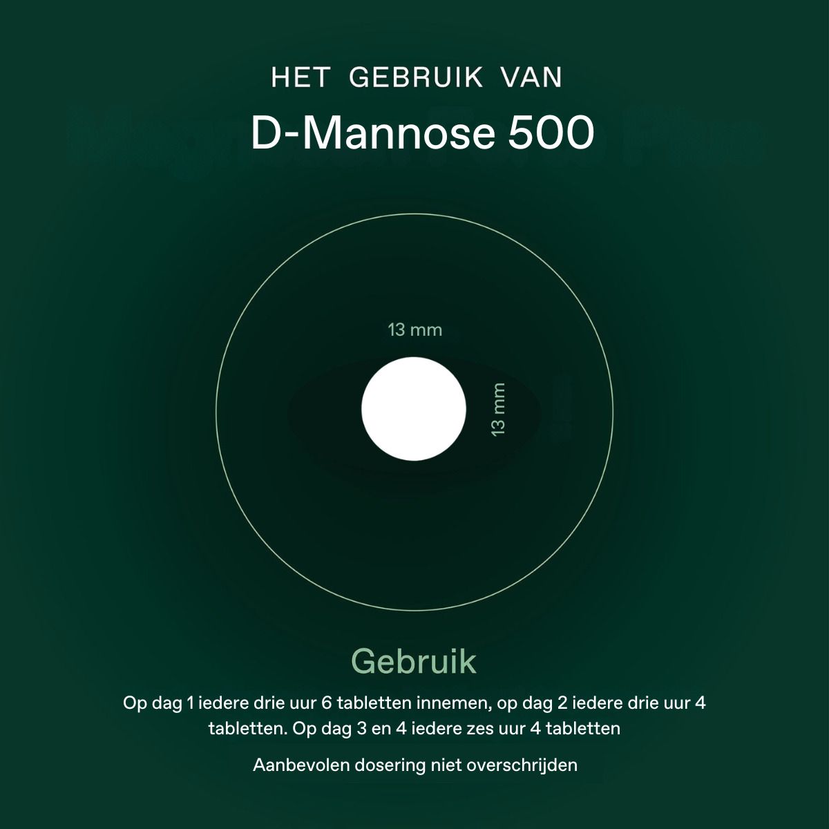 Cercle avec texte. Texte sur l'utilisation de D-Mannose 500. Dosage et prise.