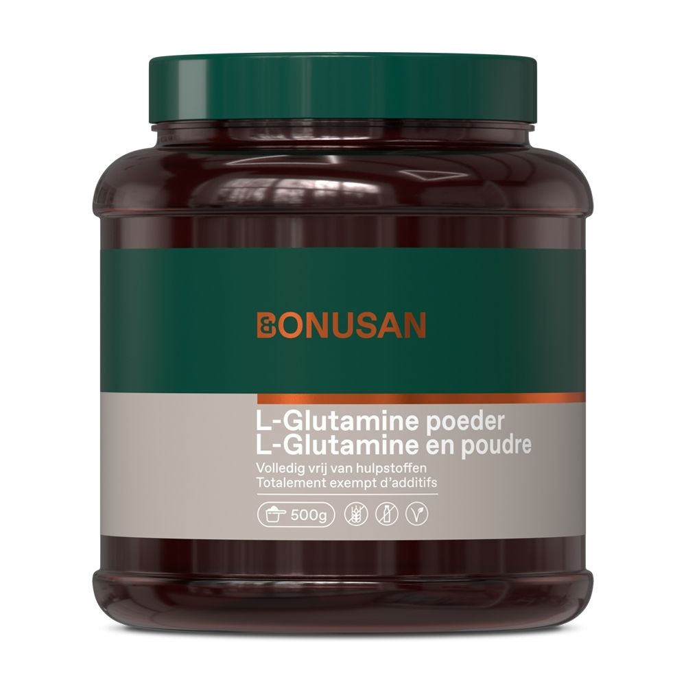Boîte marron avec couvercle vert. Inscription : L-Glutamine en poudre, BONUSAN.