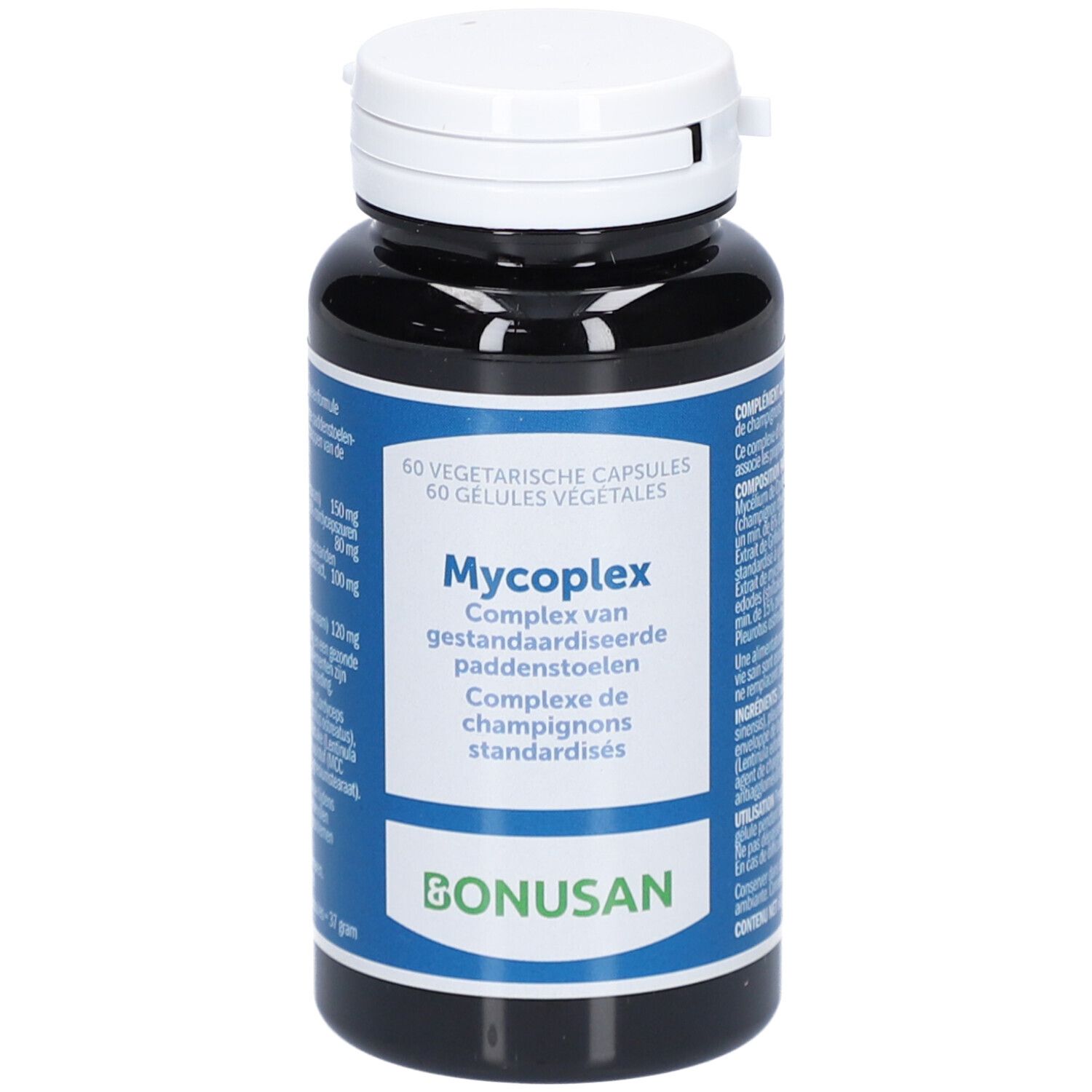 Flacon noir avec bouchon blanc. Étiquette avec nom du produit Mycoplex et logo Bonusan. 60 gélules végétales.