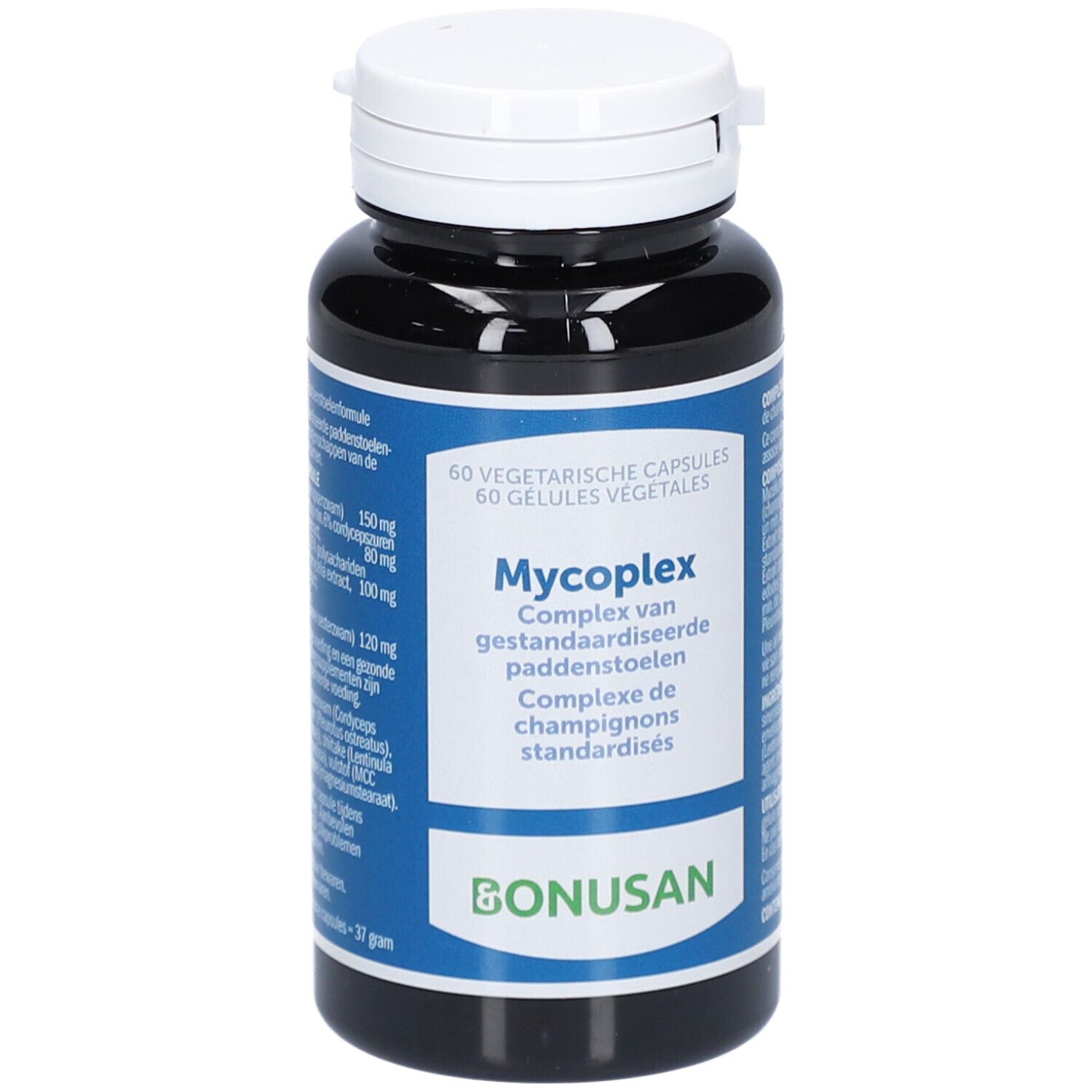 Flacon noir avec bouchon blanc. Étiquette avec nom du produit Mycoplex et logo Bonusan. 60 gélules végétales.