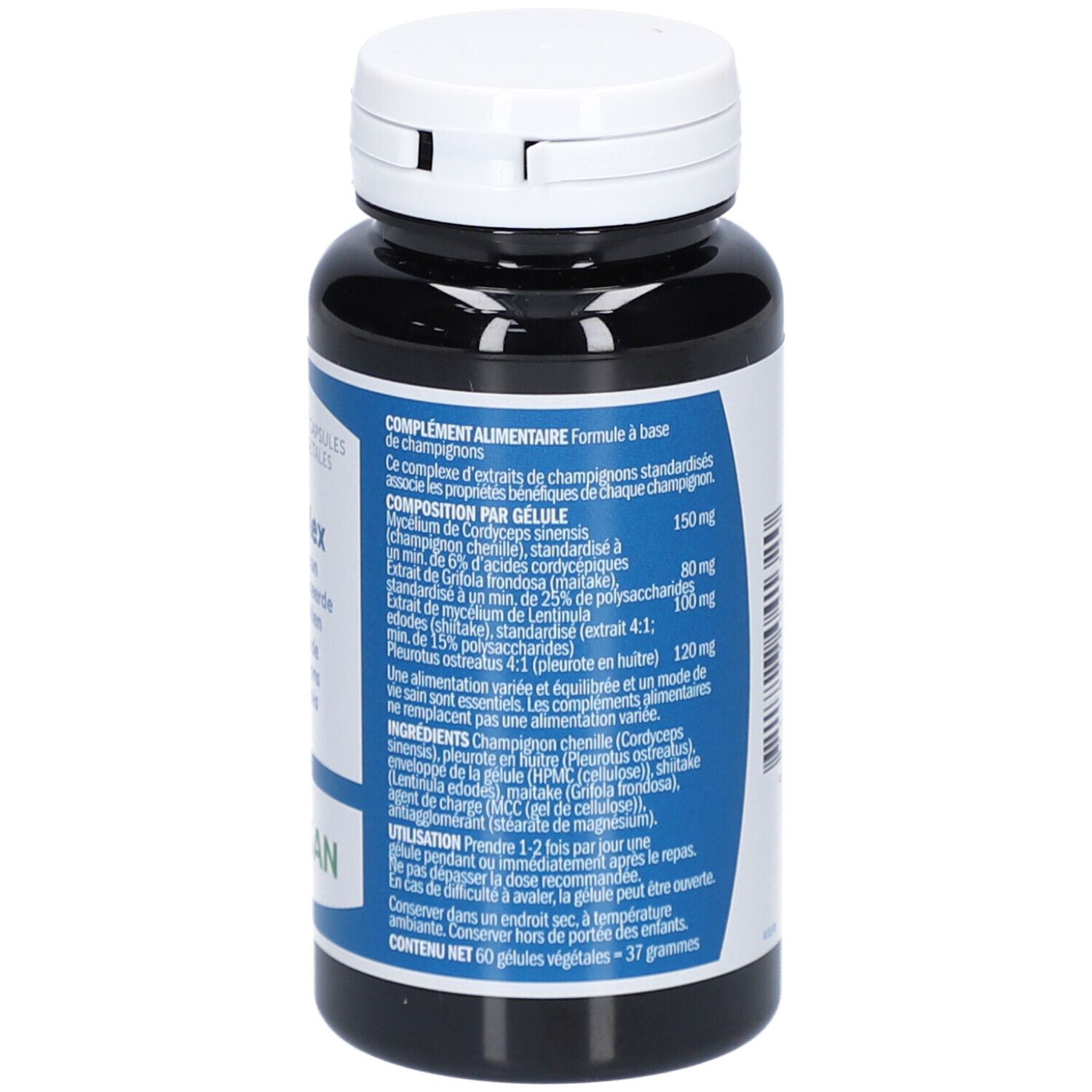 Dos du flacon. Étiquette avec ingrédients et dosage. Nom du produit Mycoplex. Logo Bonusan. 60 gélules végétales.