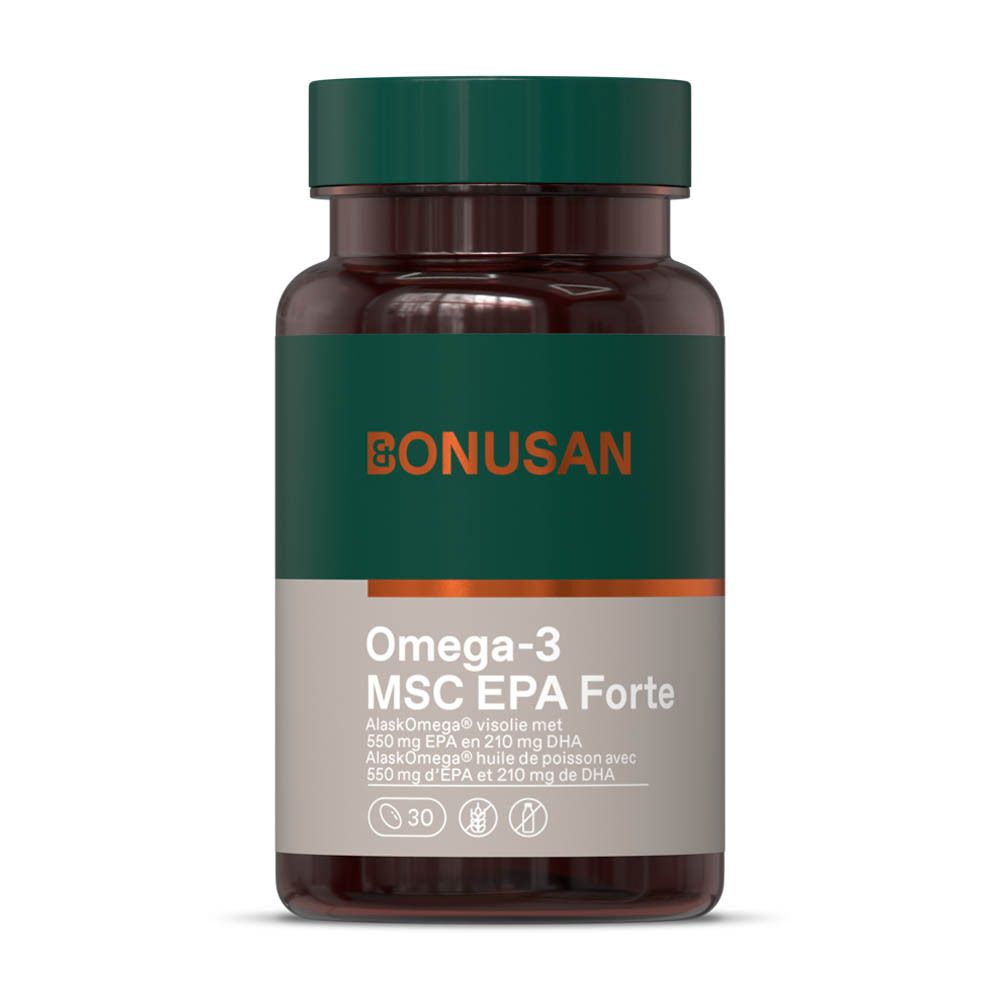 Bruine fles met groene dop. Opschrift: Bonusan. Productnaam: Oméga-3 MSC EPA Forte. 30 capsules.