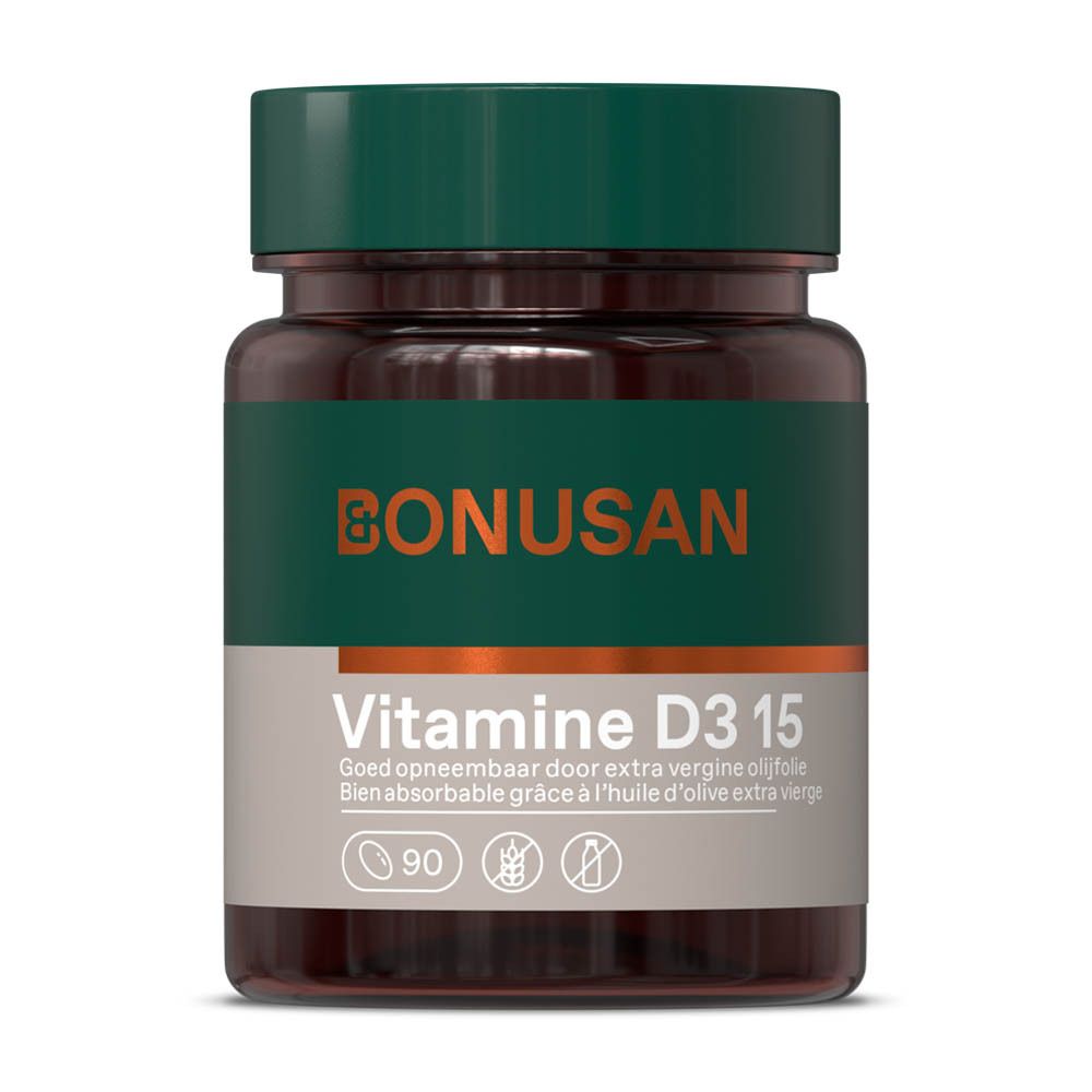Bruine fles met groene dop. Etiket met 'Vitamine D3 15' en 'Bonusan'.