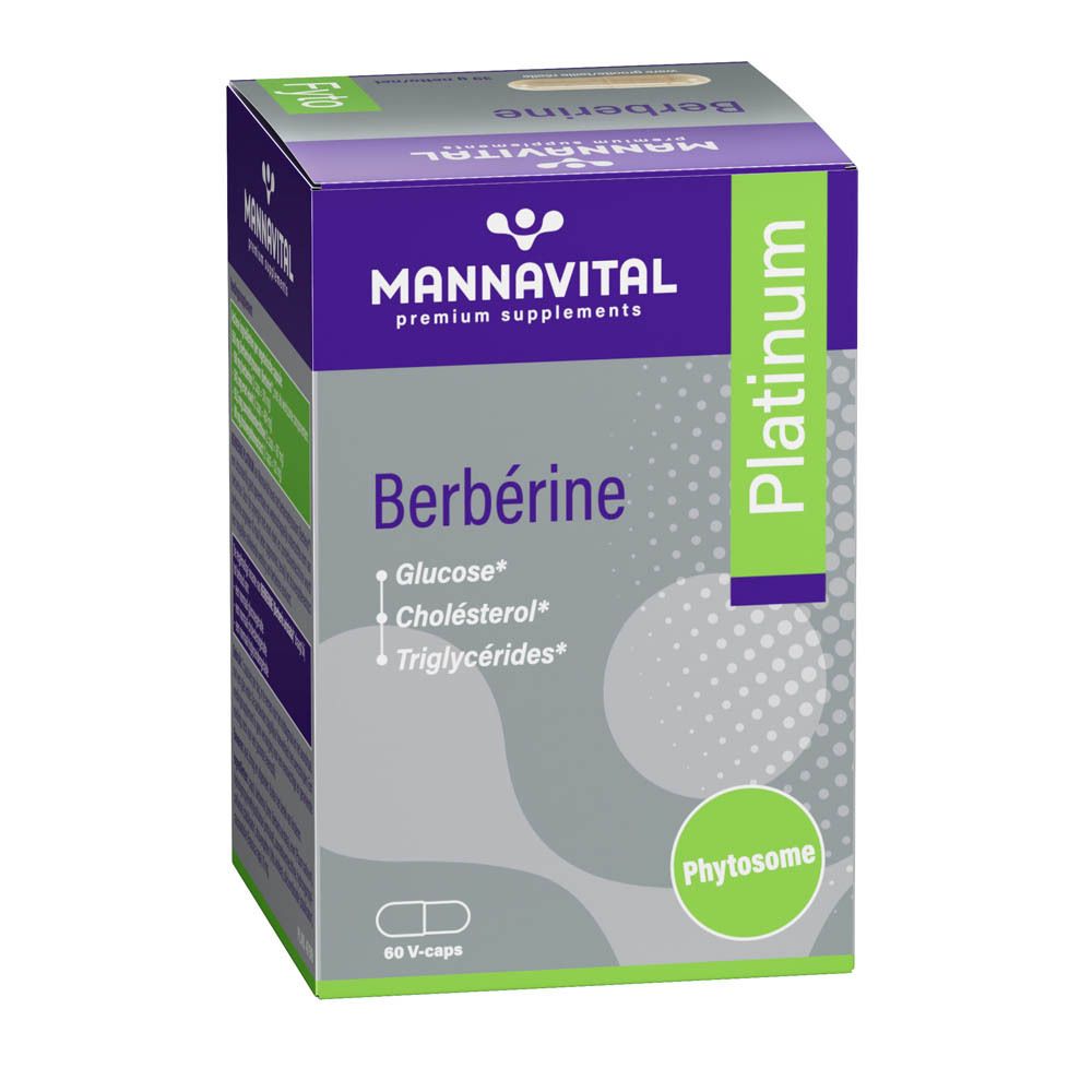MANNAVITAL Berberine Platin. Doos met 60 V-caps. Opschrift: Berberine, Glucose, Cholesterol, Triglyceriden.
