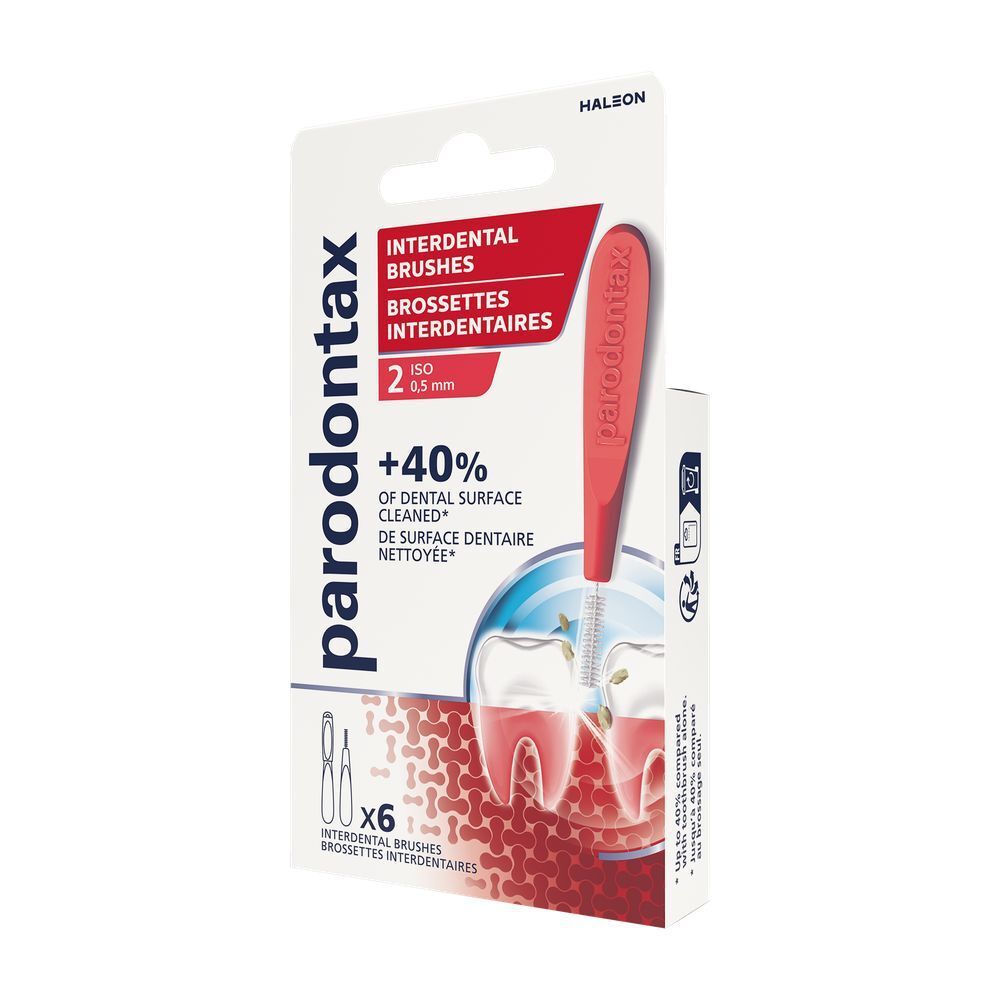 Emballage de brossettes interdentaires Parodontax. Brosse rouge, 0,5 mm, 6 pièces. Inscription : Brossettes interdentaires.