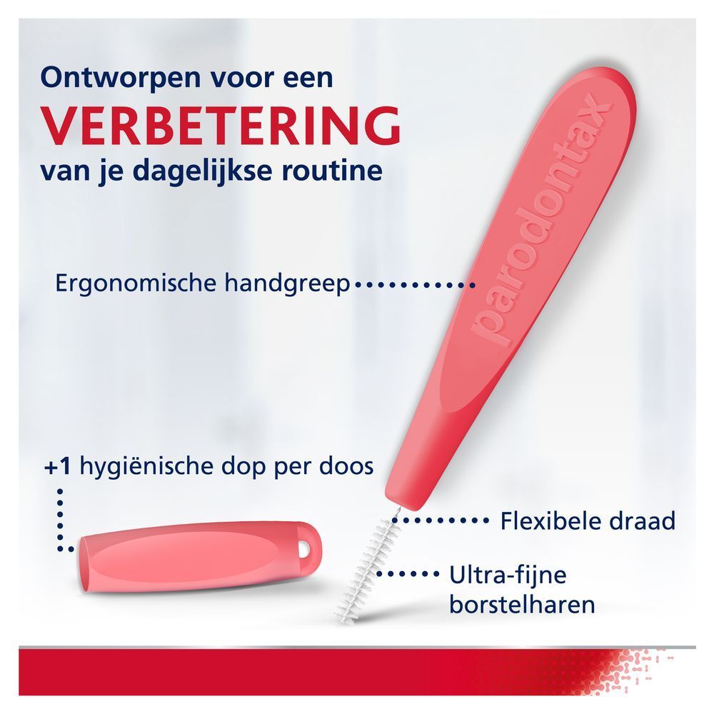 Verpakking Parodontax Interdentale borstels. Rode borstel, 0,5 mm, 6 stuks. Opschrift: Interdentale borstels.