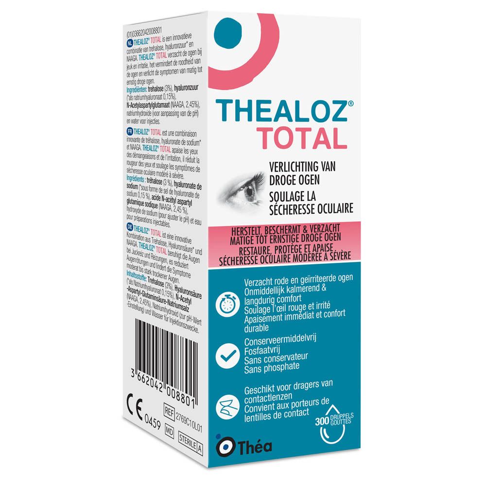 Emballage carton avec nom du produit et texte. Marque : Théa. Contient 300 gouttes.